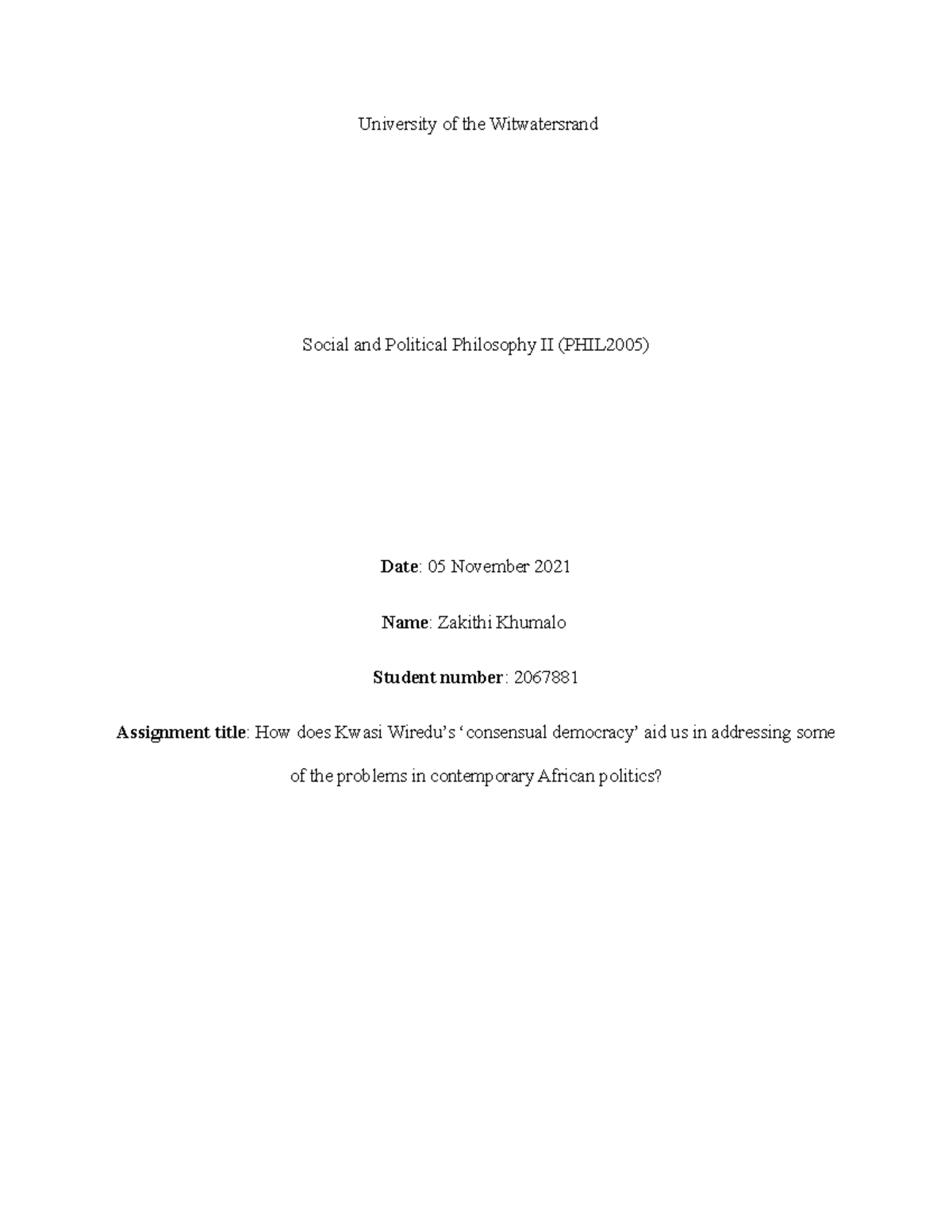 2067881 PHIL2005 Essay 2 - University of the Witwatersrand Social and ...