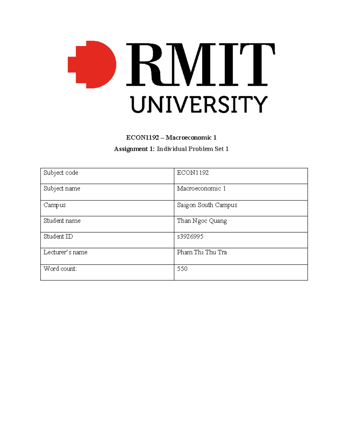 MAC1 Assigment 1 - ECON1192 – Macroeconomic 1 Assignment 1: Individual ...