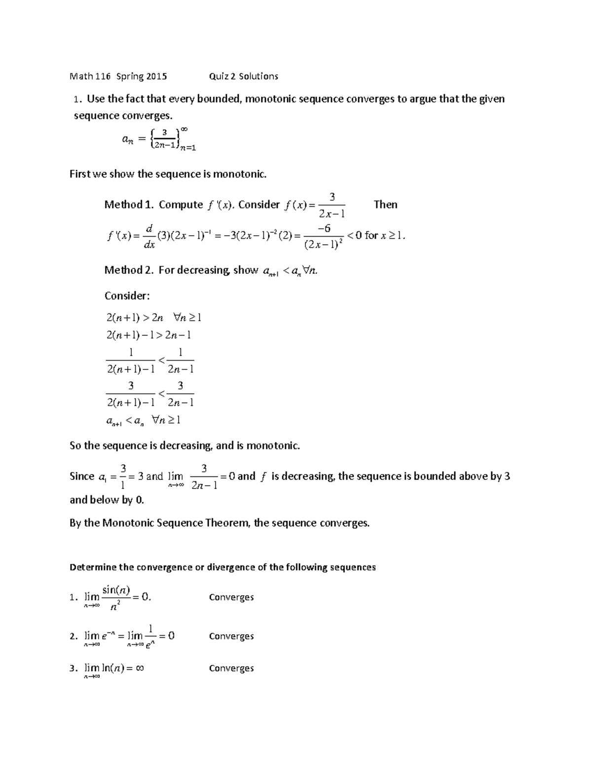 Quiz2 Solutions - Quiz - Math 116 Spring 2015 Quiz 2 Solutions Use the ...