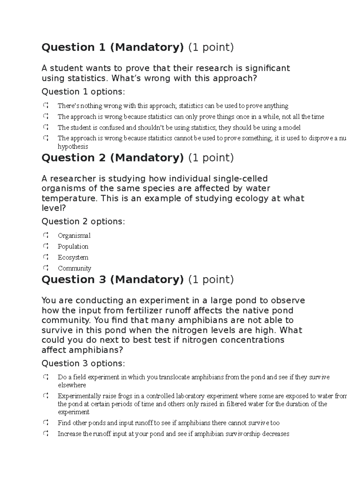 Introduction to animal ecology part 1 practice exam Question 1