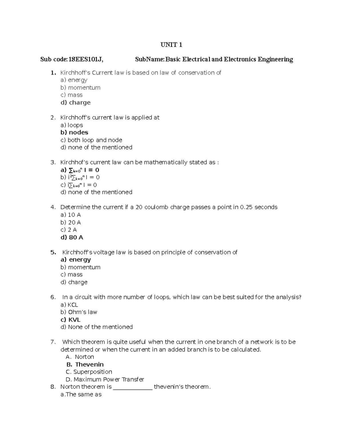 Unit 1 - MCQ - Notes - UNIT 1 Sub Code:18EES101J, SubName:Basic ...