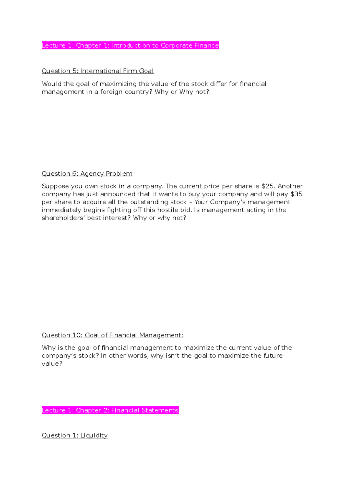 CF Chapter 1 & 2 - Lecture notes 1 - Lecture 1: Chapter 1: Introduction ...