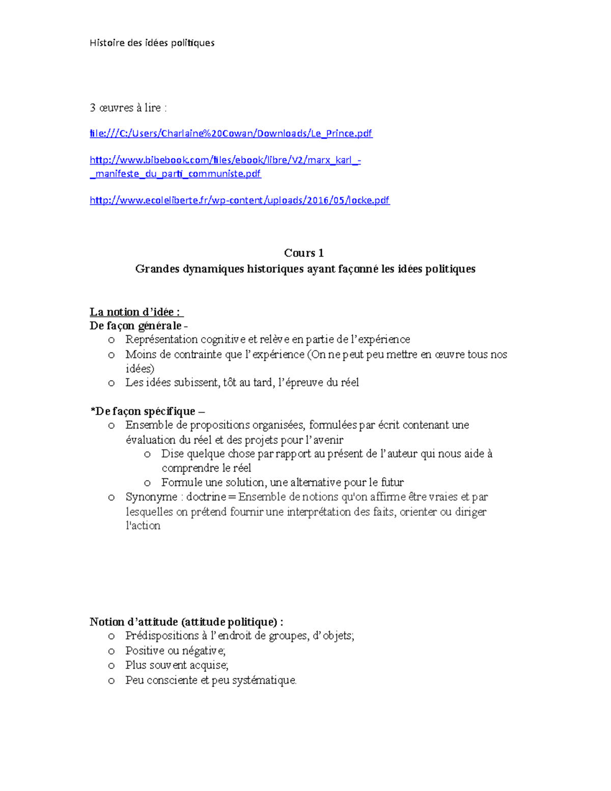 Histoire des idées politiques Note de cours - 3 œuvres à lire : - Studocu