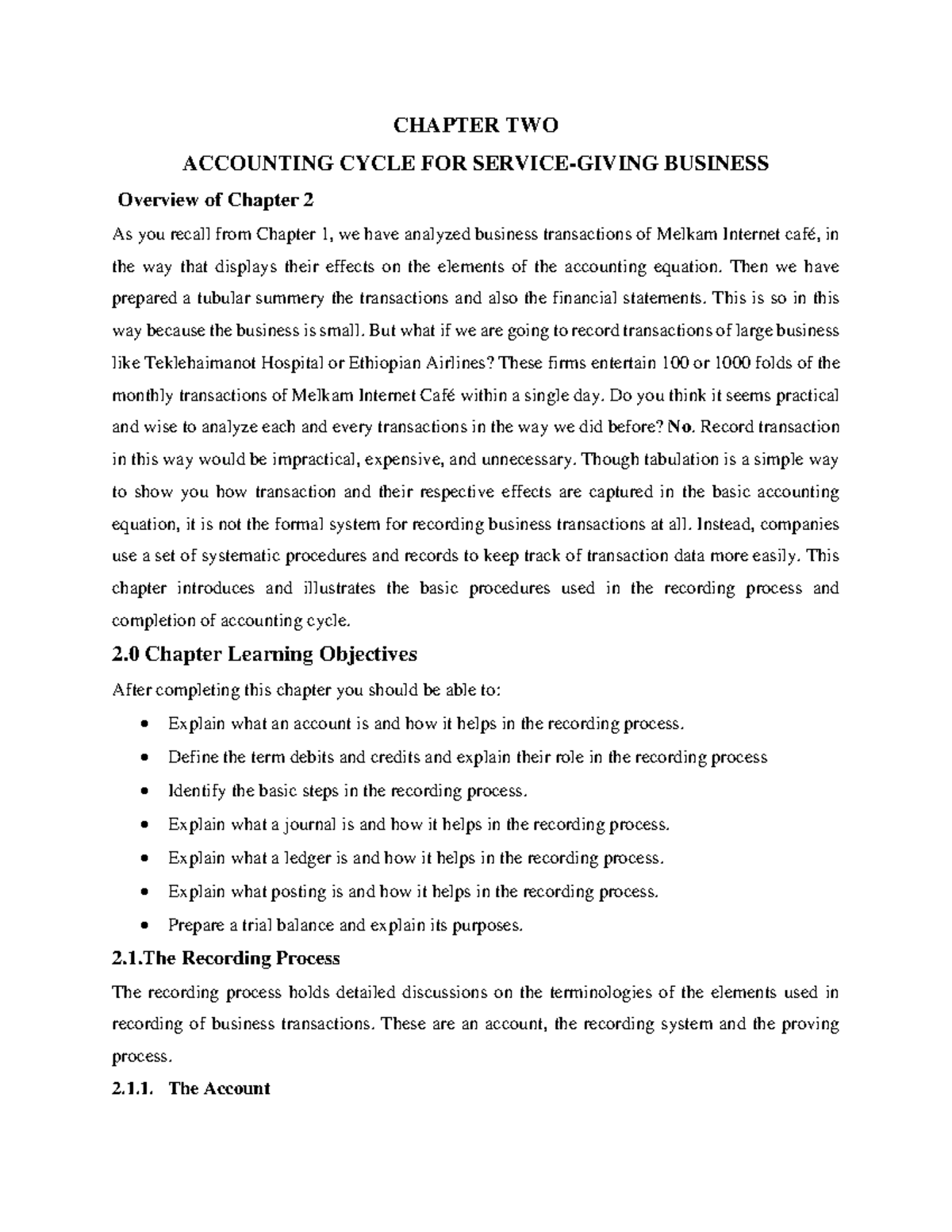 ACFN 2011 Chapter 2 Note - CHAPTER TWO ACCOUNTING CYCLE FOR SERVICE ...