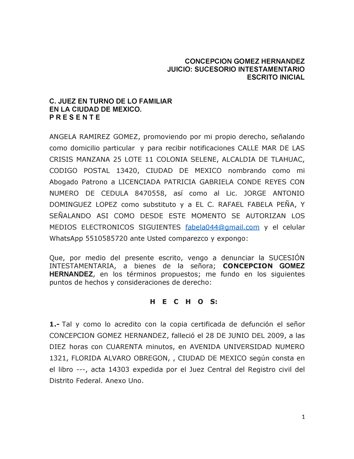 Inicial Sucesorio - CONCEPCION GOMEZ HERNANDEZ JUICIO: SUCESORIO ...