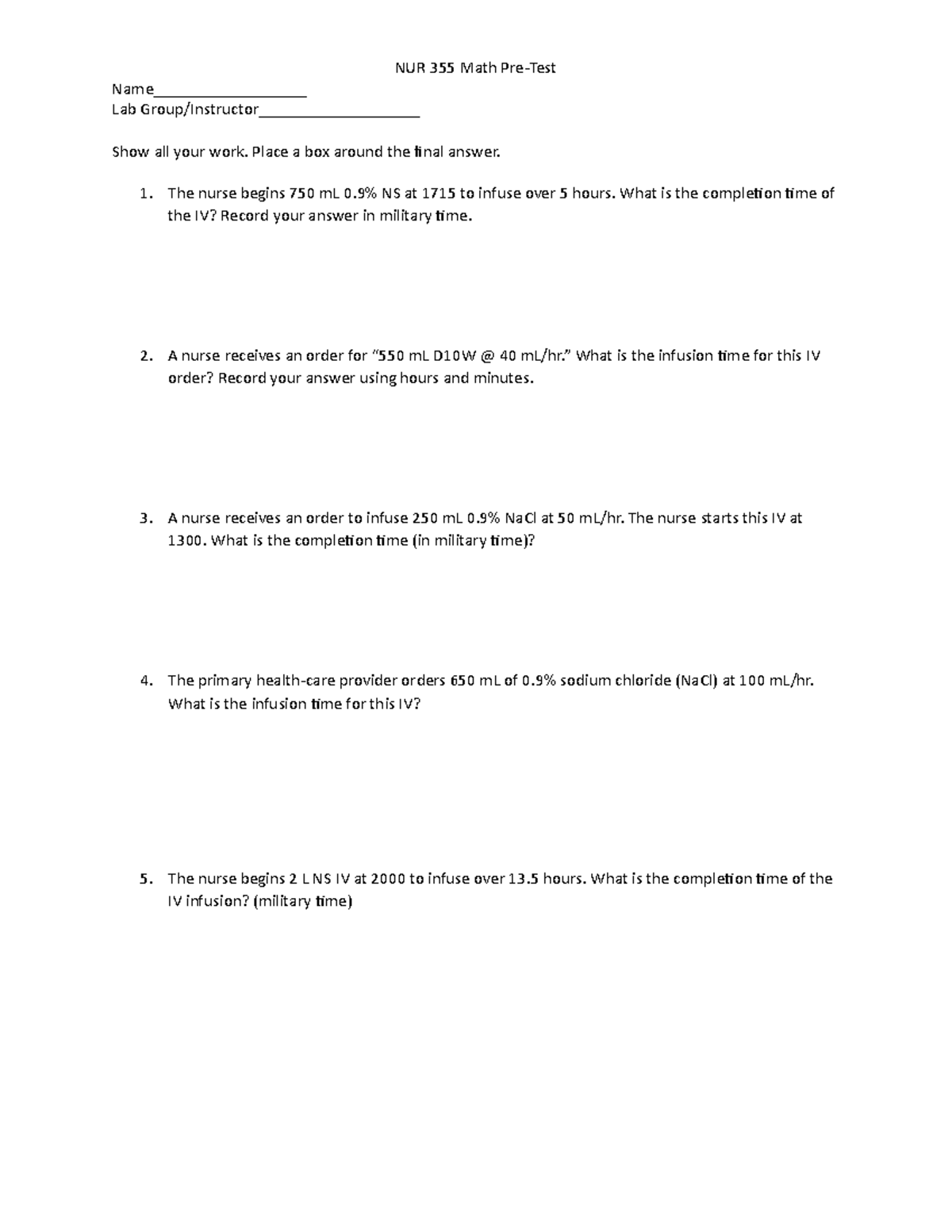 Med Math Pretest - Name__________________ Lab Group/Instructor ...