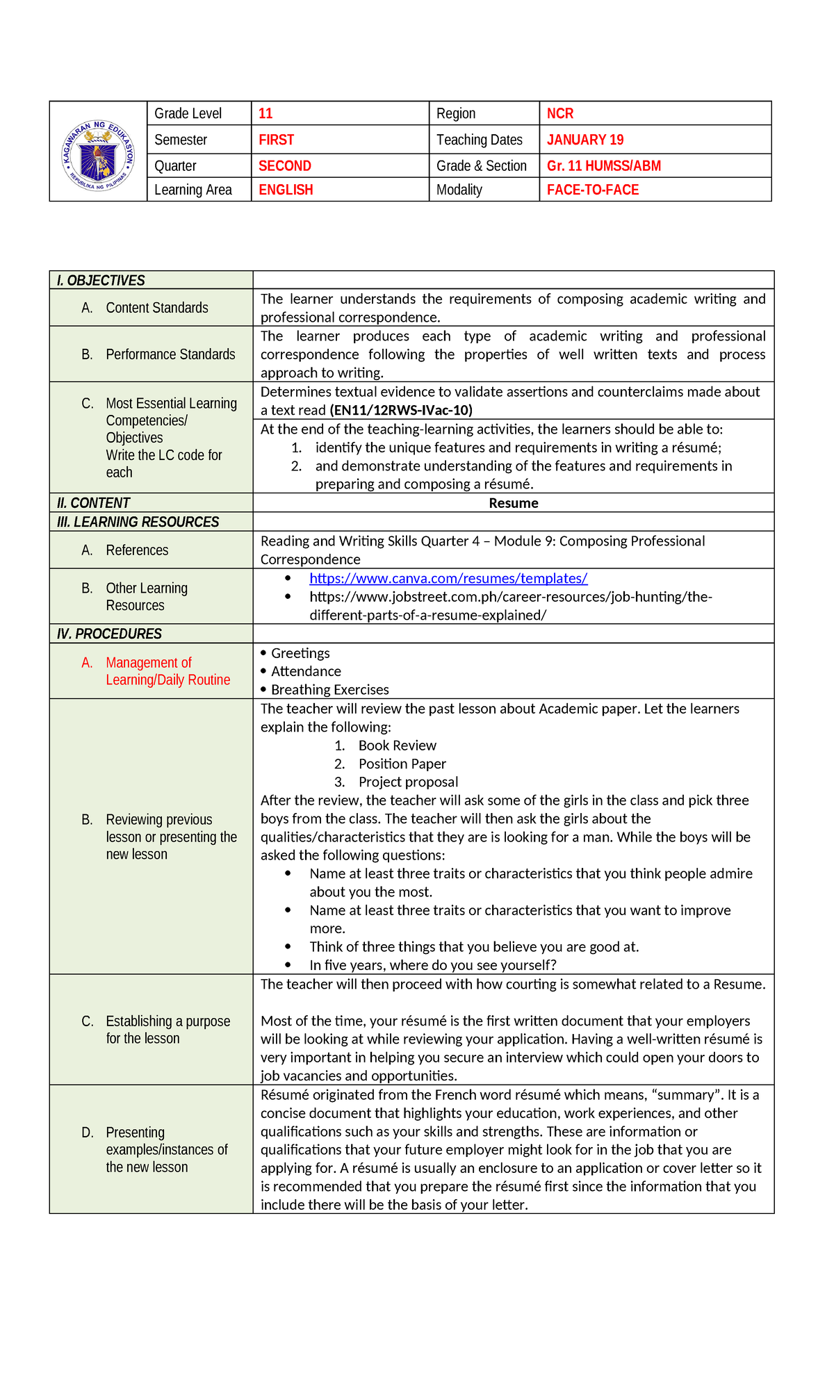 Resume - dlp - Grade Level 11 Region NCR Semester FIRST Teaching Dates ...