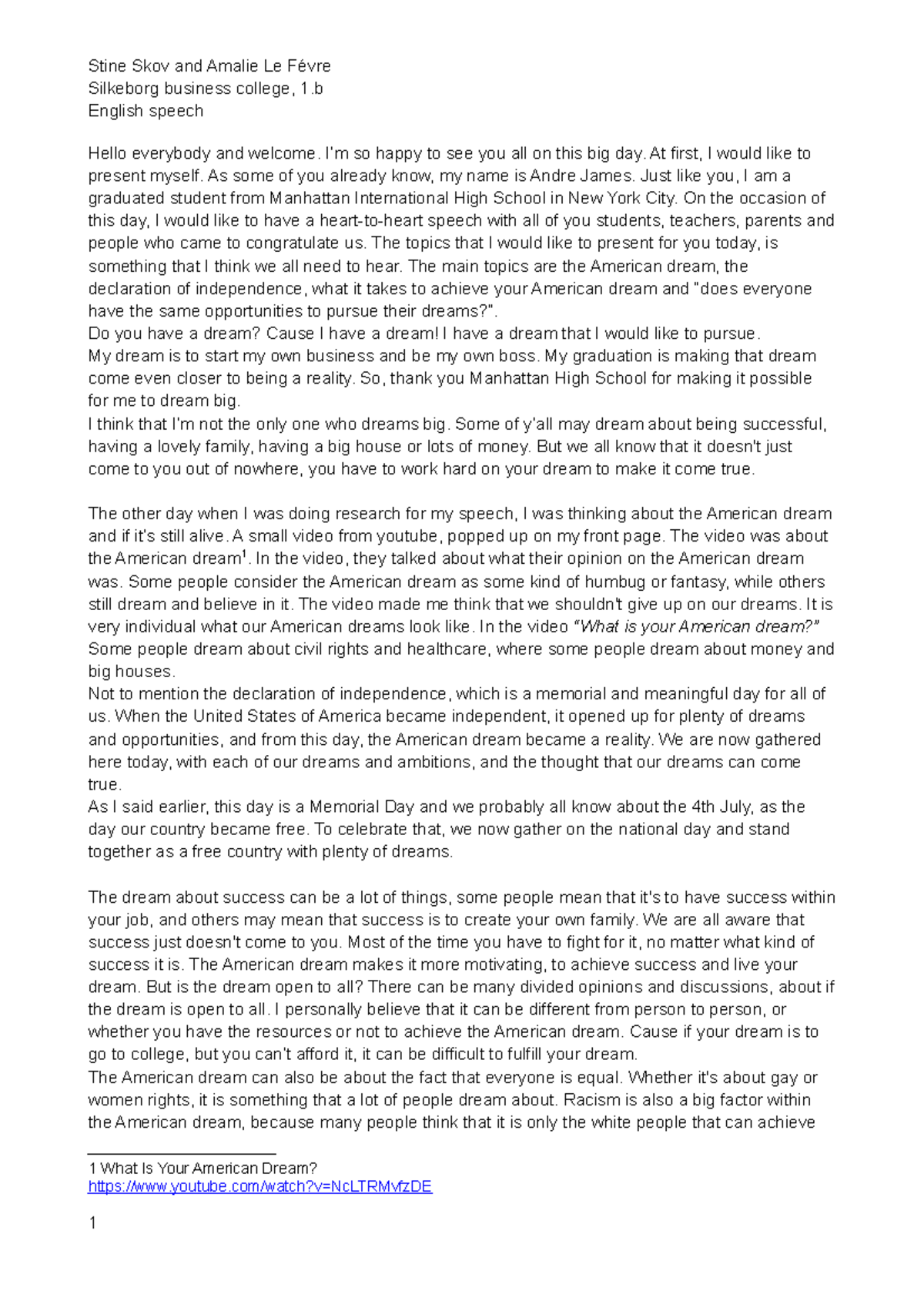 American dream speech engelsk Stine Skov and Amalie Le Févre