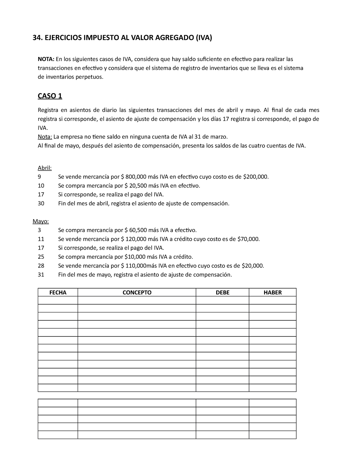 34 IVA Ejercicios IVA Ejercicio De Clase El Cual Se Realizo En El