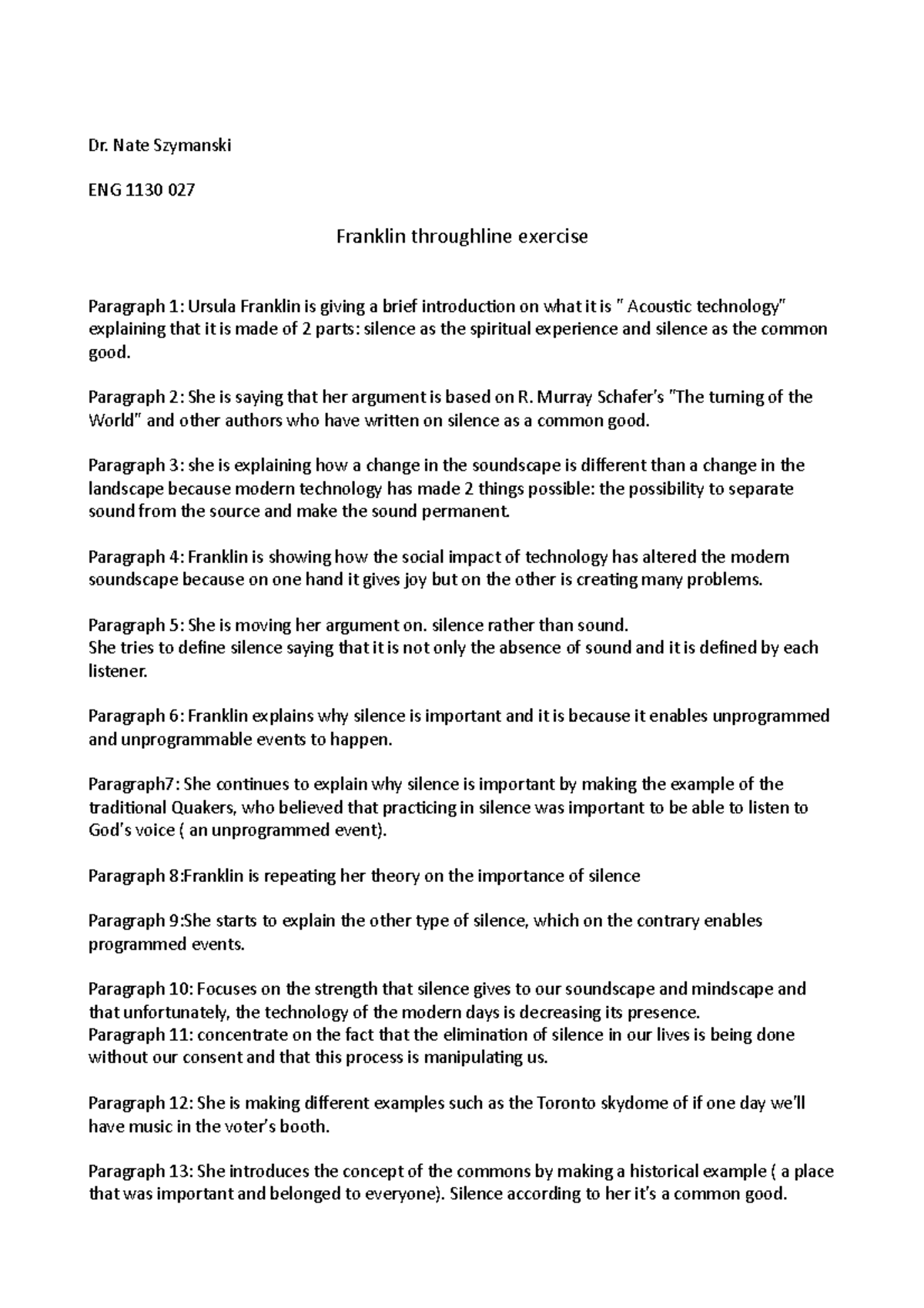 Throughline exercise - ENGL 1130 - Douglascollege - Studocu