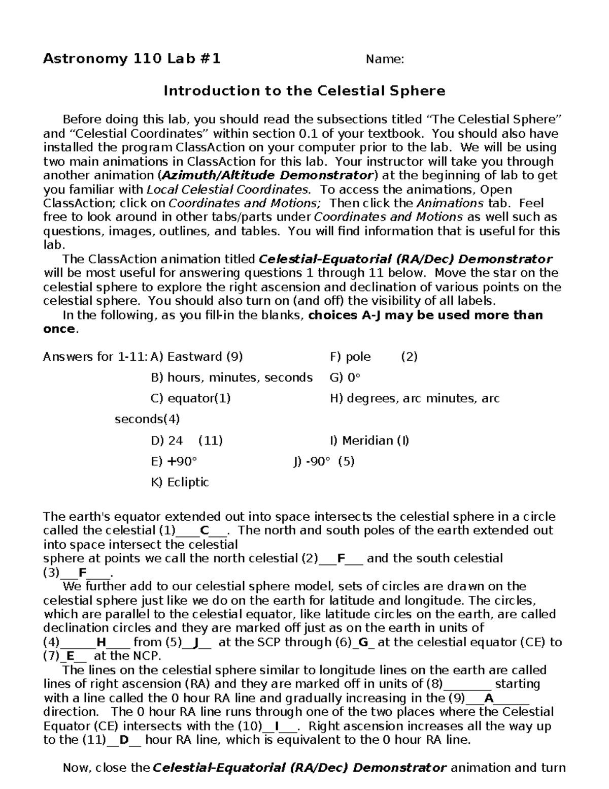Lab 1 Celestial - Astronomy 110 Lab #1 Name: Introduction to the ...