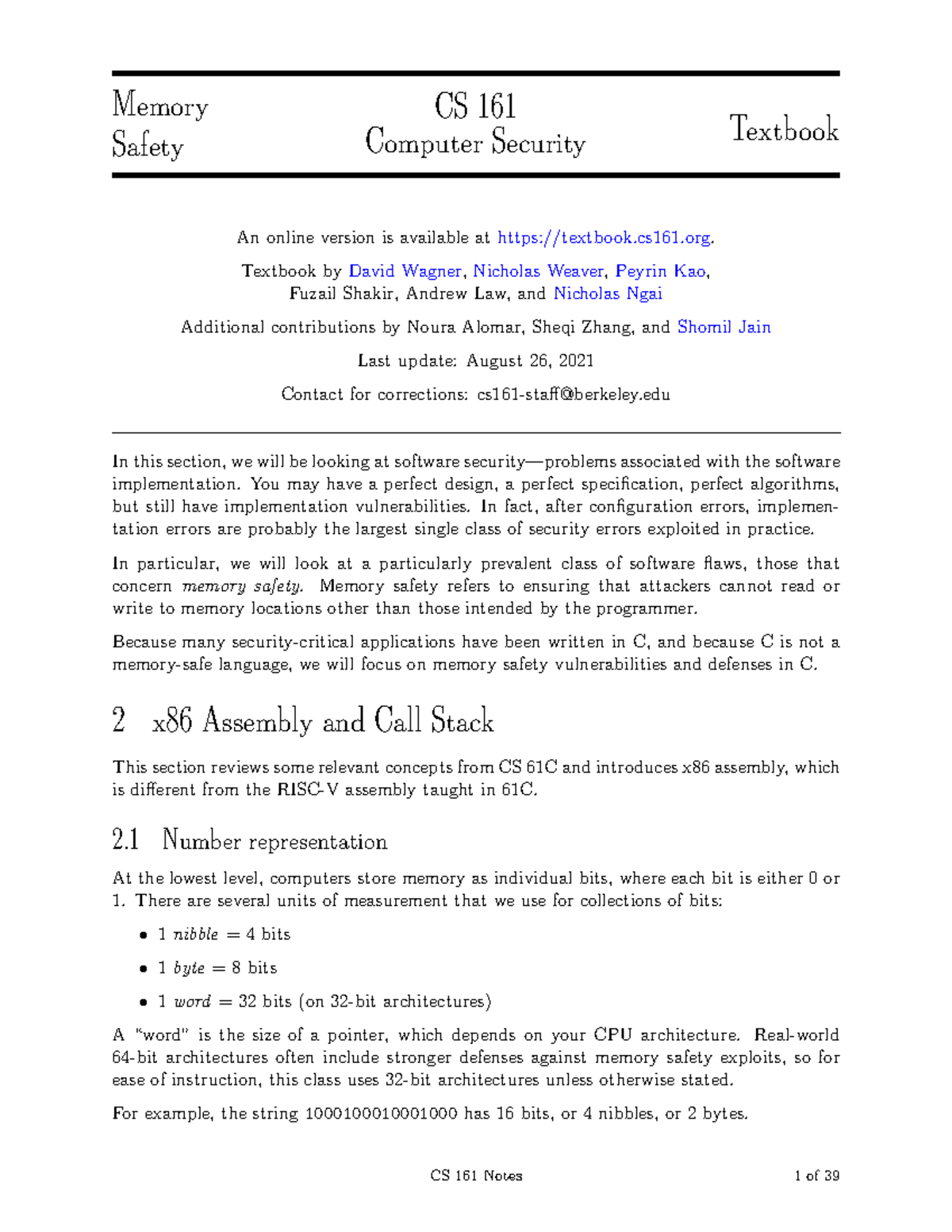 Memorysafety memory safety textbook Memory Safety CS 161 Computer