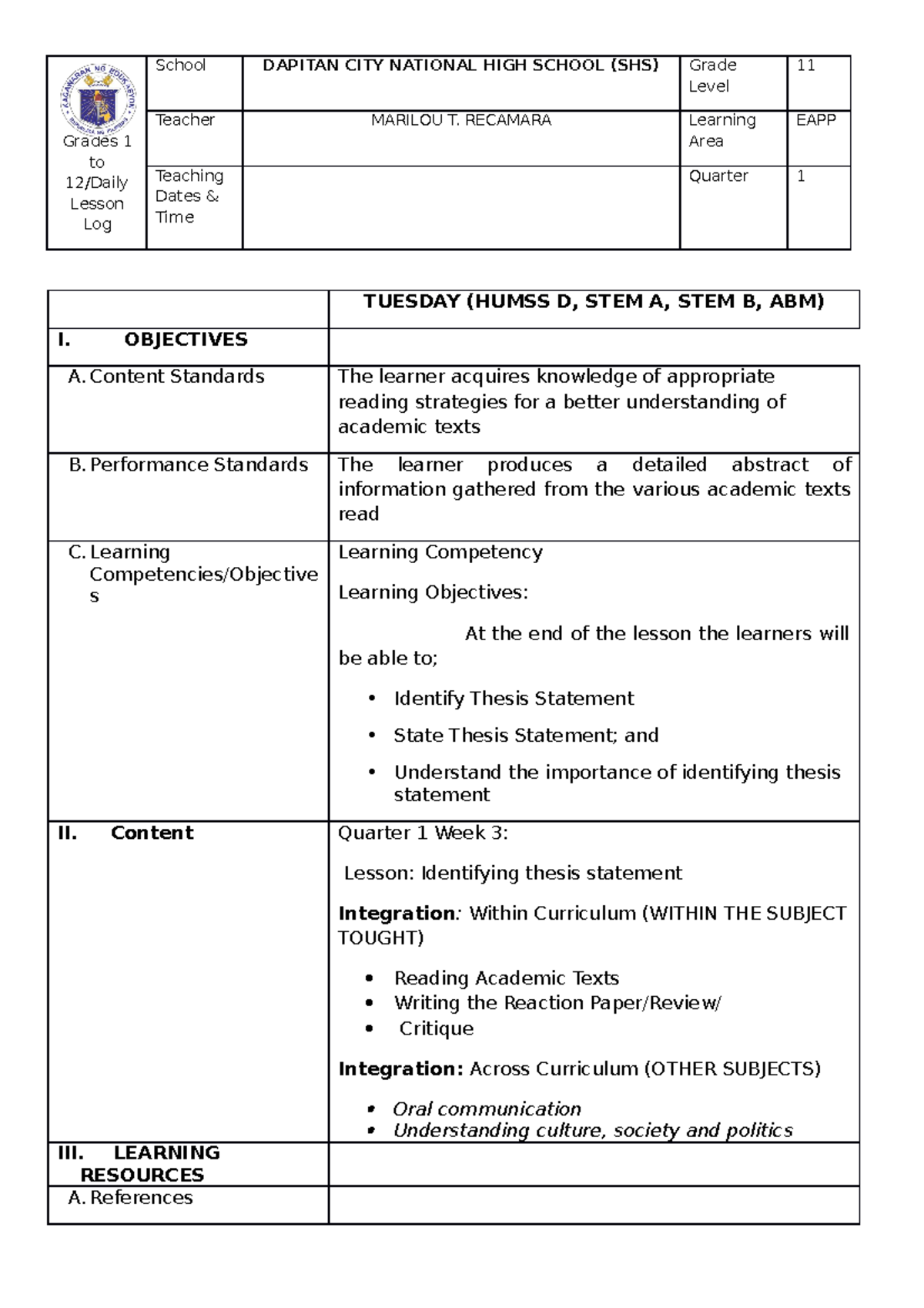 EAPP DLP WEEK 2 3 4 - for tutorial discussion only - Grades 1 to 12 ...