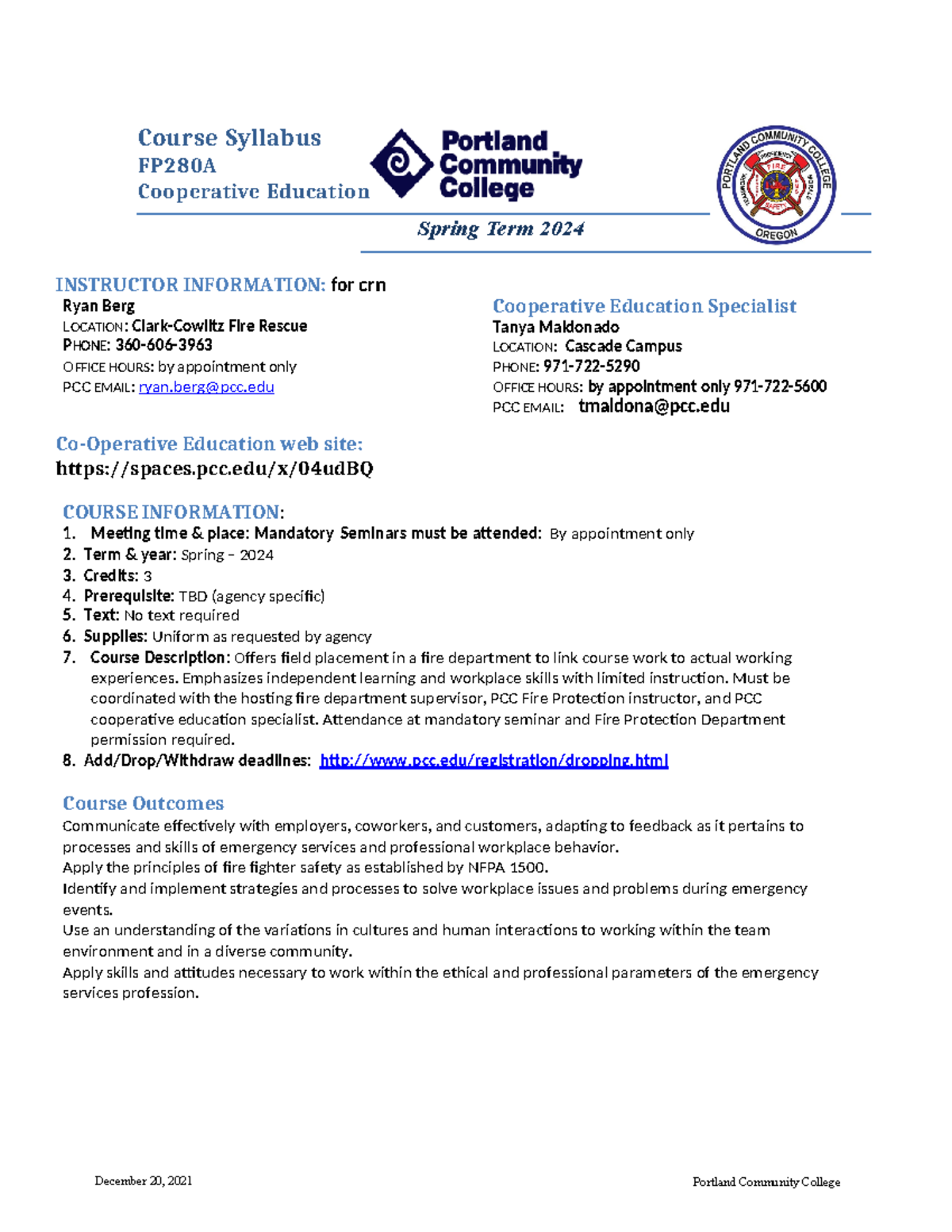 FP 280A Syllabus - Spring - 2024 - INSTRUCTOR INFORMATION: for crn Ryan ...