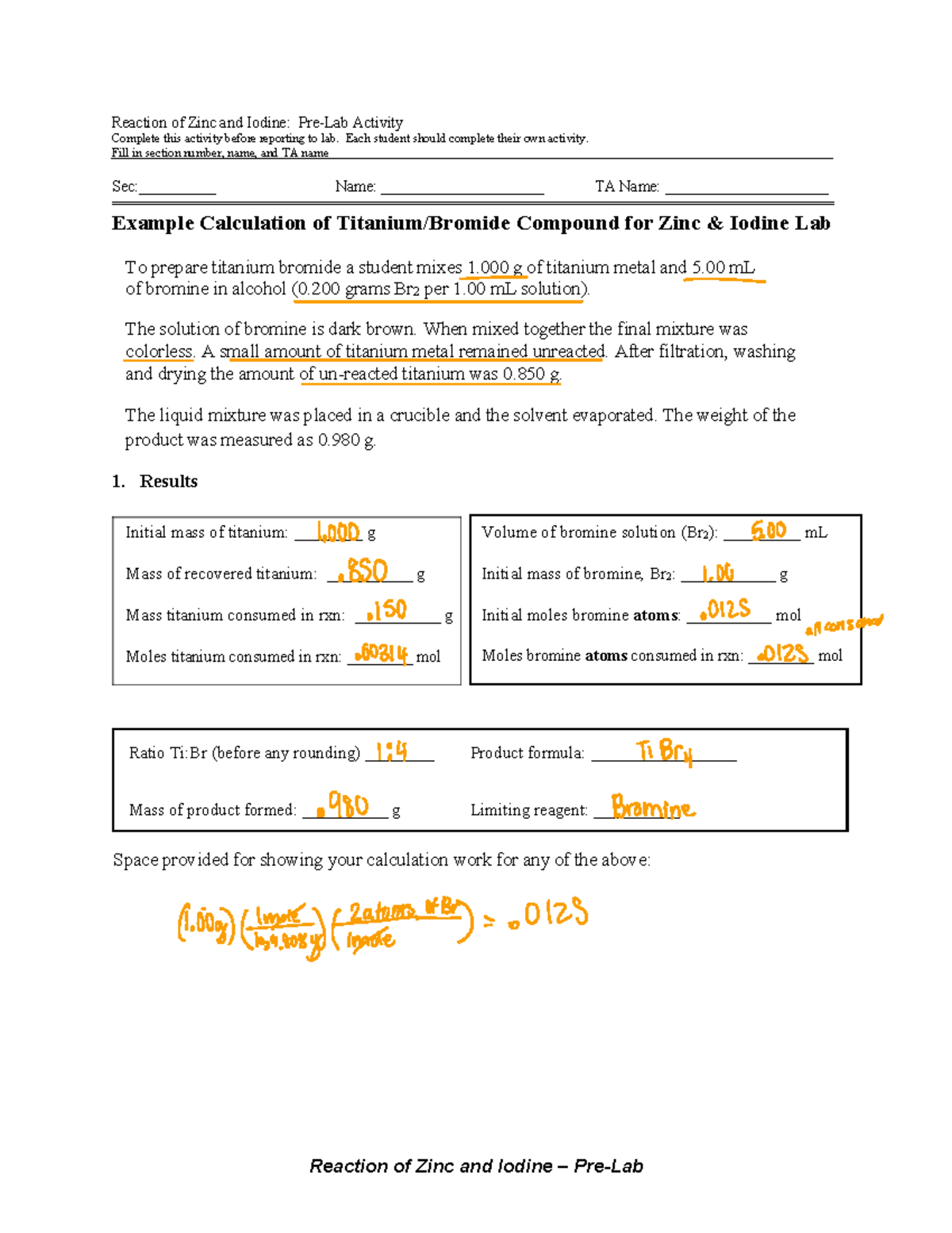03 Reaction of Zinc and Iodine PreLab 2 Reaction of Zinc and Iodine
