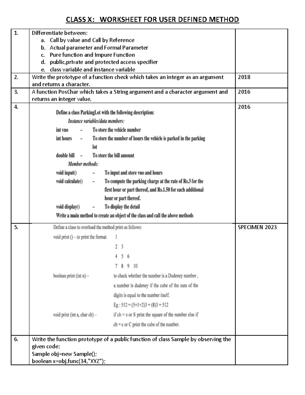 Class X user defined methods worksheet 1 - CLASS X: WORKSHEET FOR USER ...