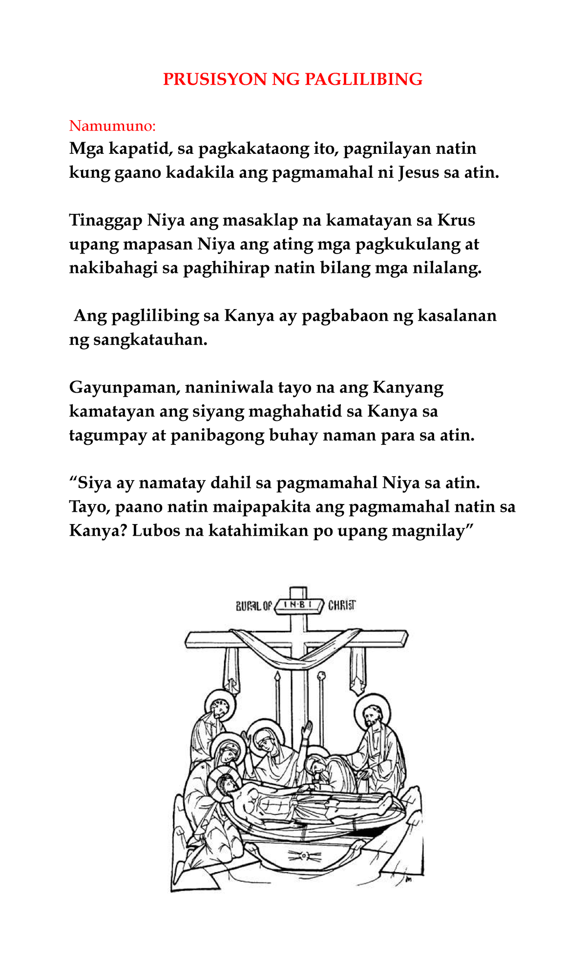 2023 Rito ng Paglilibing - PRUSISYON NG PAGLILIBING Namumuno: Mga ...