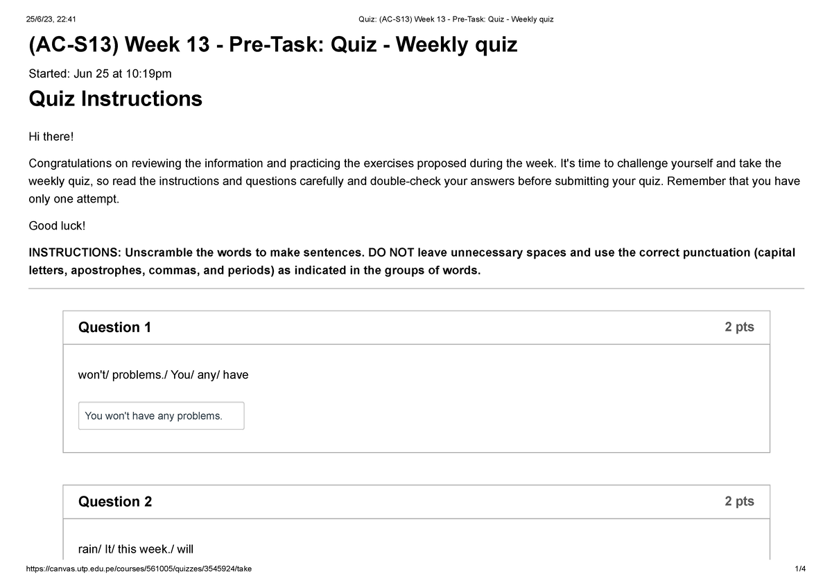 Quiz (AC-S13) Week 13 - Pre-Task Quiz - Weekly Quiz - Ingles IV - UTP ...