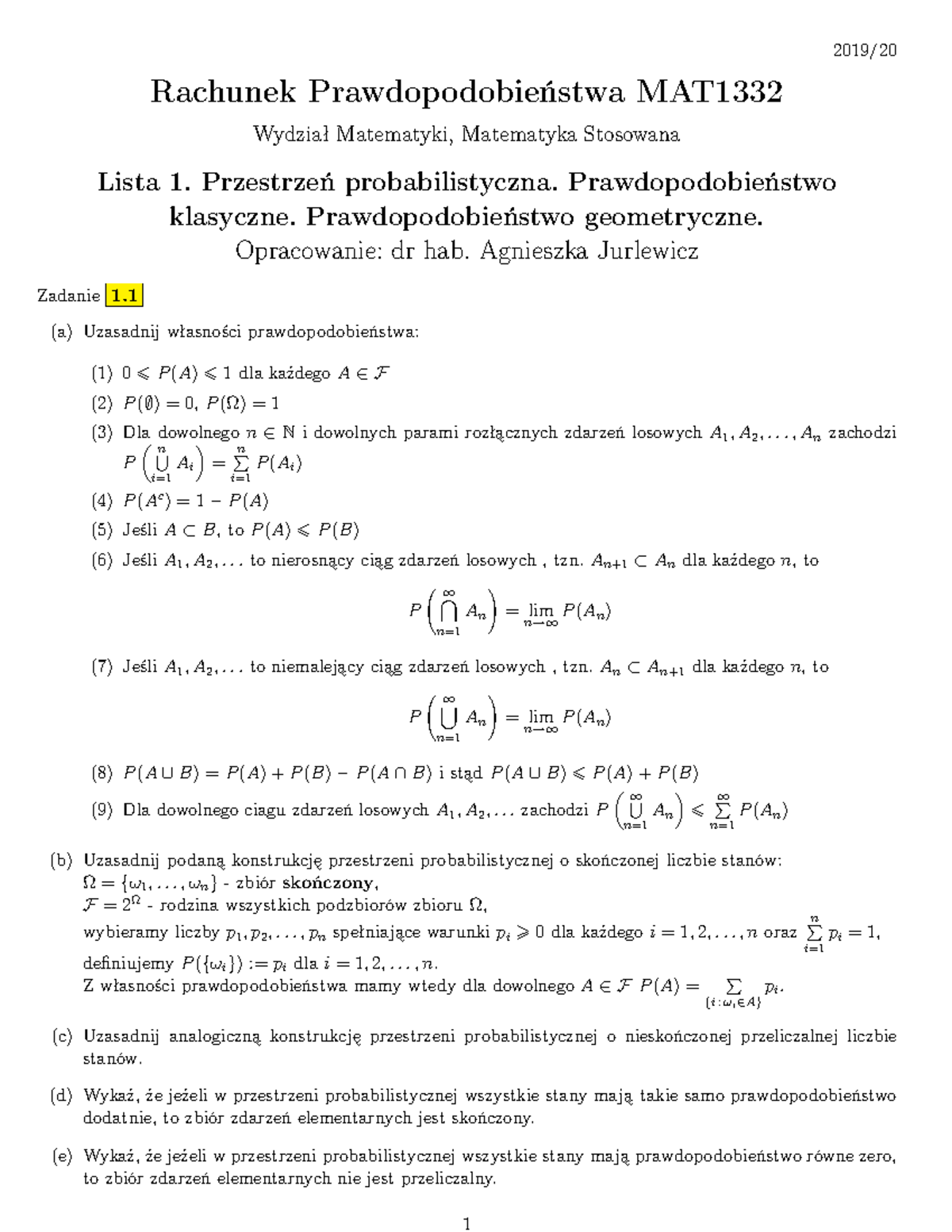 Lista zadan 1 2019 - 2019/ Rachunek Prawdopodobieństwa MAT Wydział