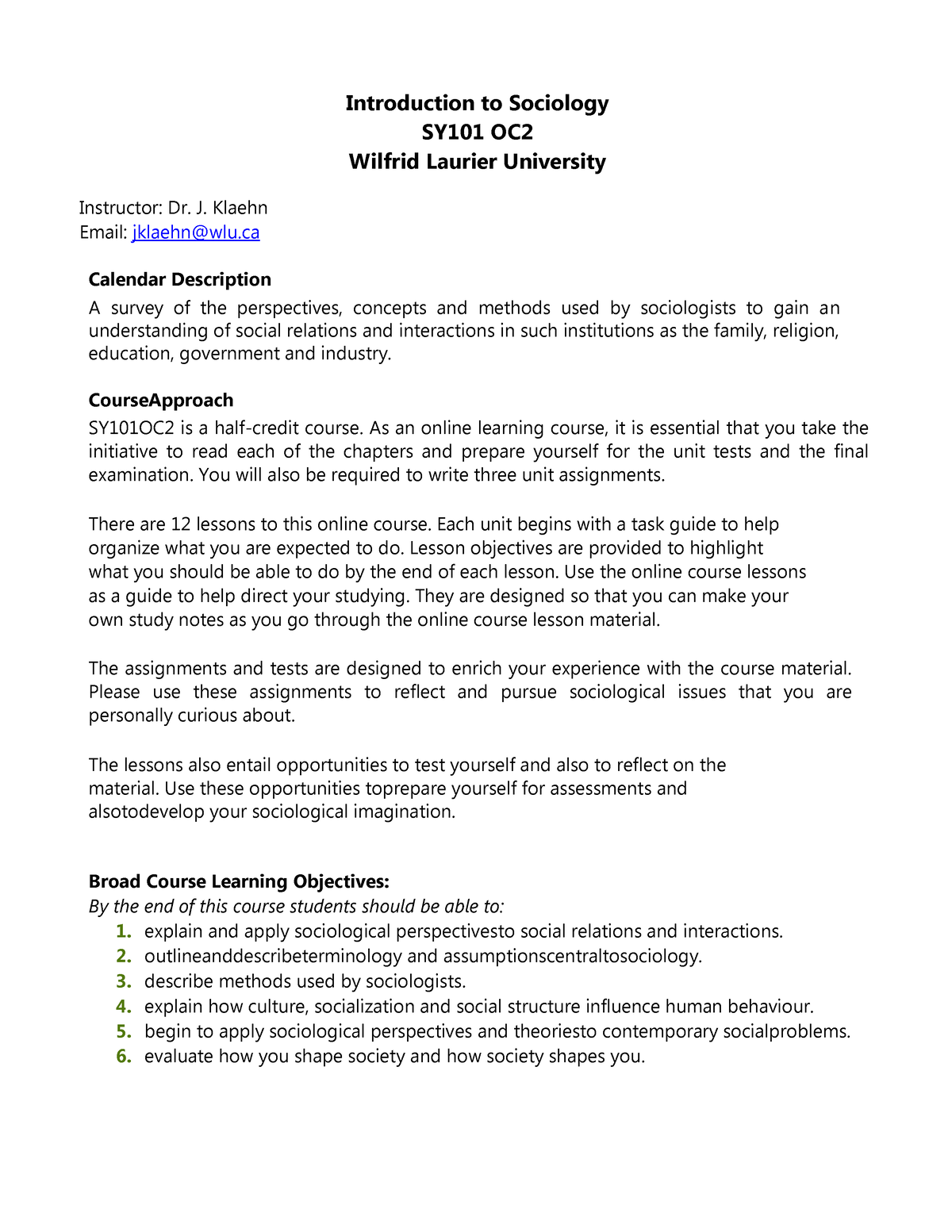 Class Notes for SY101 at Wilfrid Laurier University (WLU)