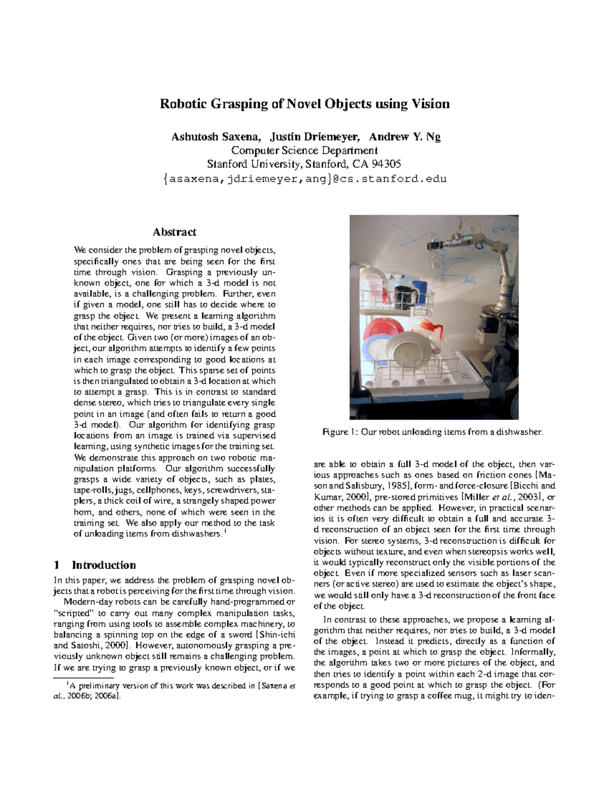 Robotic Grasping Of Novel Objects Using Vision Robotic Grasping Of Novel Objects Using Vision Ashutosh Saxena Justin Driemeyer Andrew Ng Computer Science Studocu