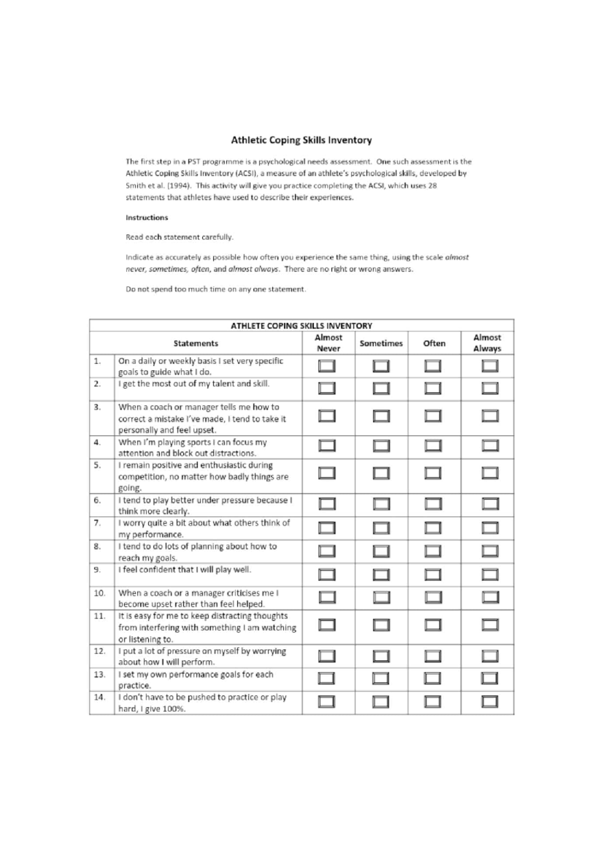 Athletic Coping skills Inventory PSYH0012 Studocu