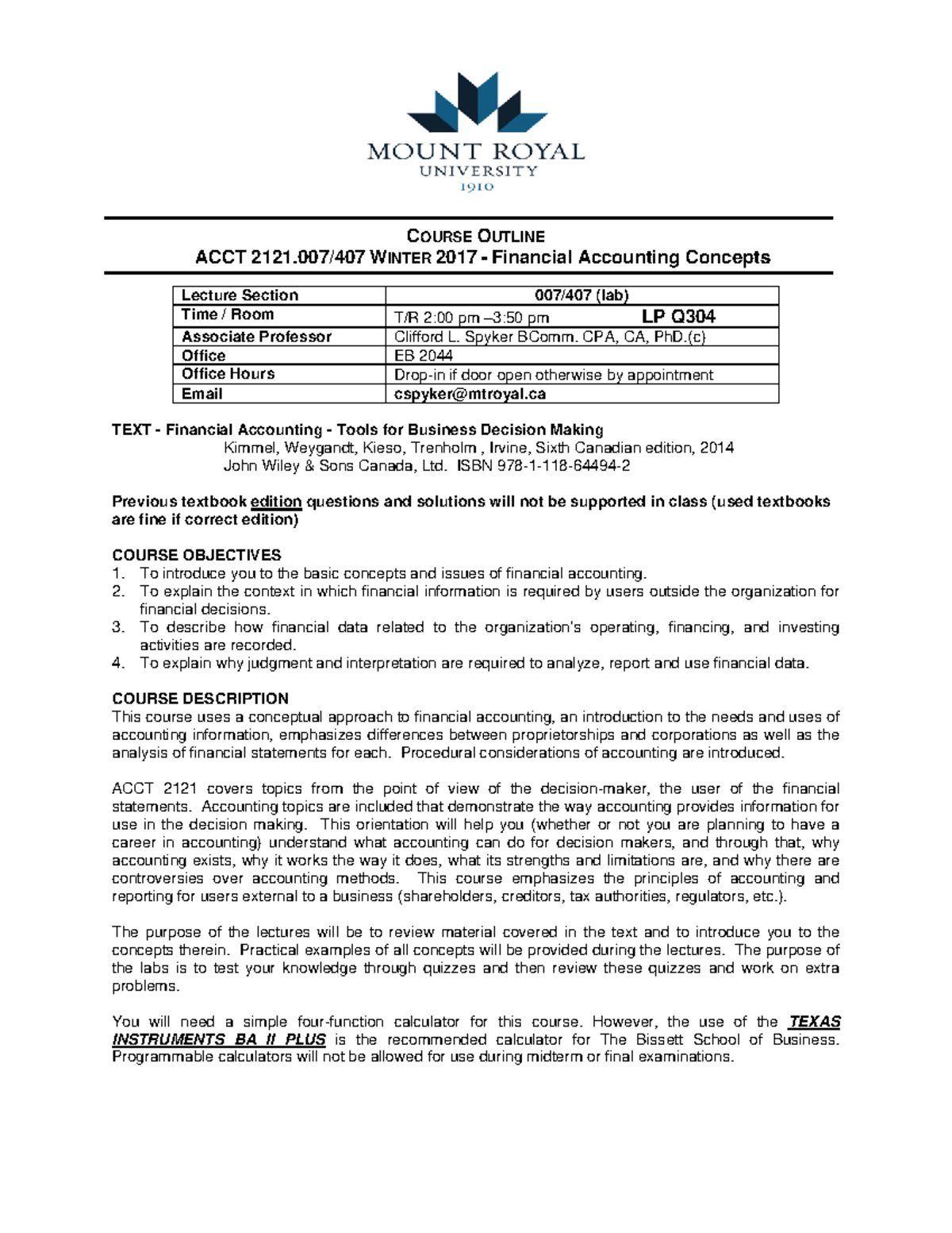 ACCT 2121 007 W2017 Course Outline CLS(2) - COURSE OUTLINE ACCT 2121 ...