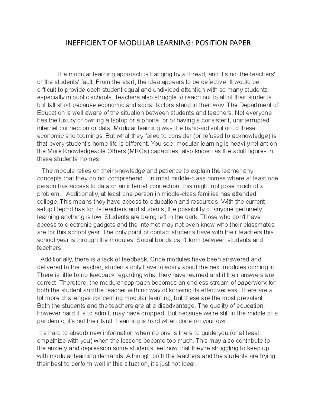 PRACTICAL RESEARCH - INEFFICIENT OF MODULAR LEARNING: POSITION PAPER ...