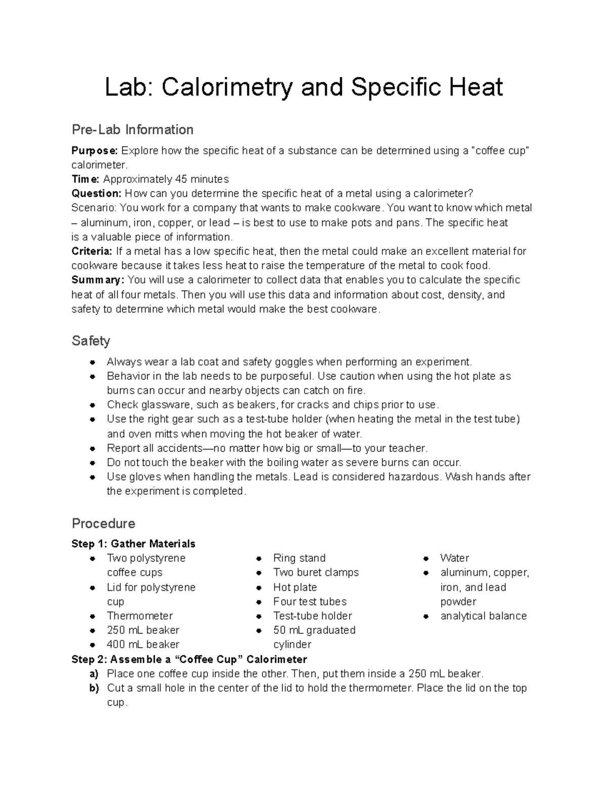 lab calorimetry and specific heat assignment reflect on the lab