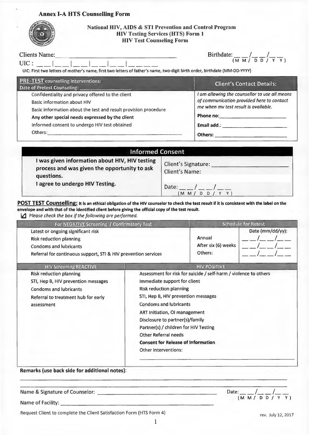 02 annex i a hts counselling form - Annex 1-A HTS Counselling Form ...