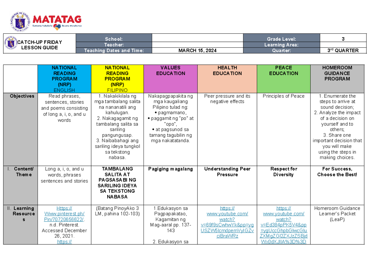 Grade 3 Catch UP March 152024 - CATCH-UP FRIDAY LESSON GUIDE School ...