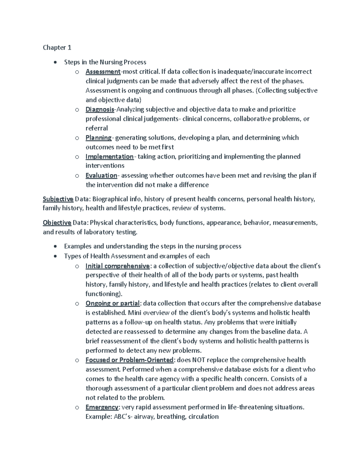 Health Assessment Quiz 1 Study Guide - Chapter 1 Steps in the Nursing ...