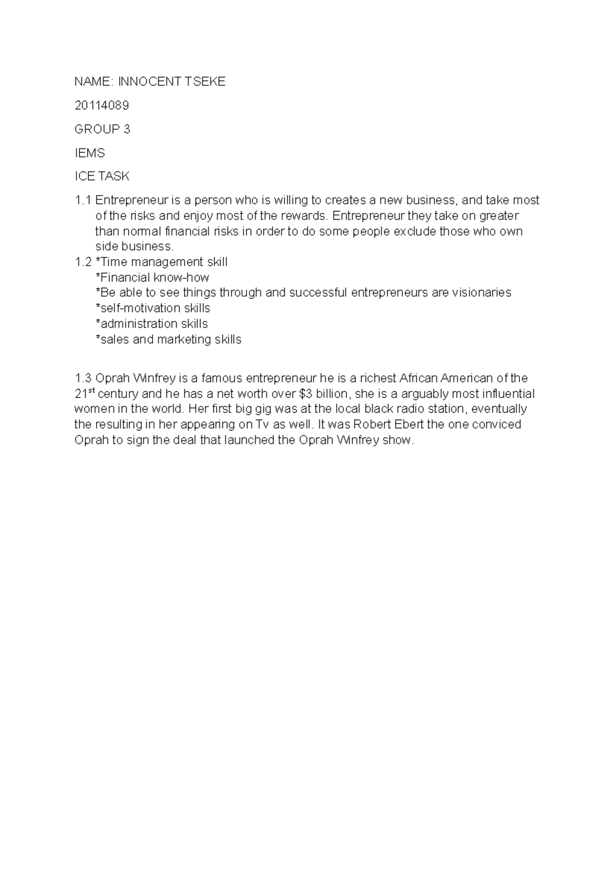 EMS ICE ICE TASKS NAME INNOCENT TSEKE 20114089 GROUP 3 IEMS ICE