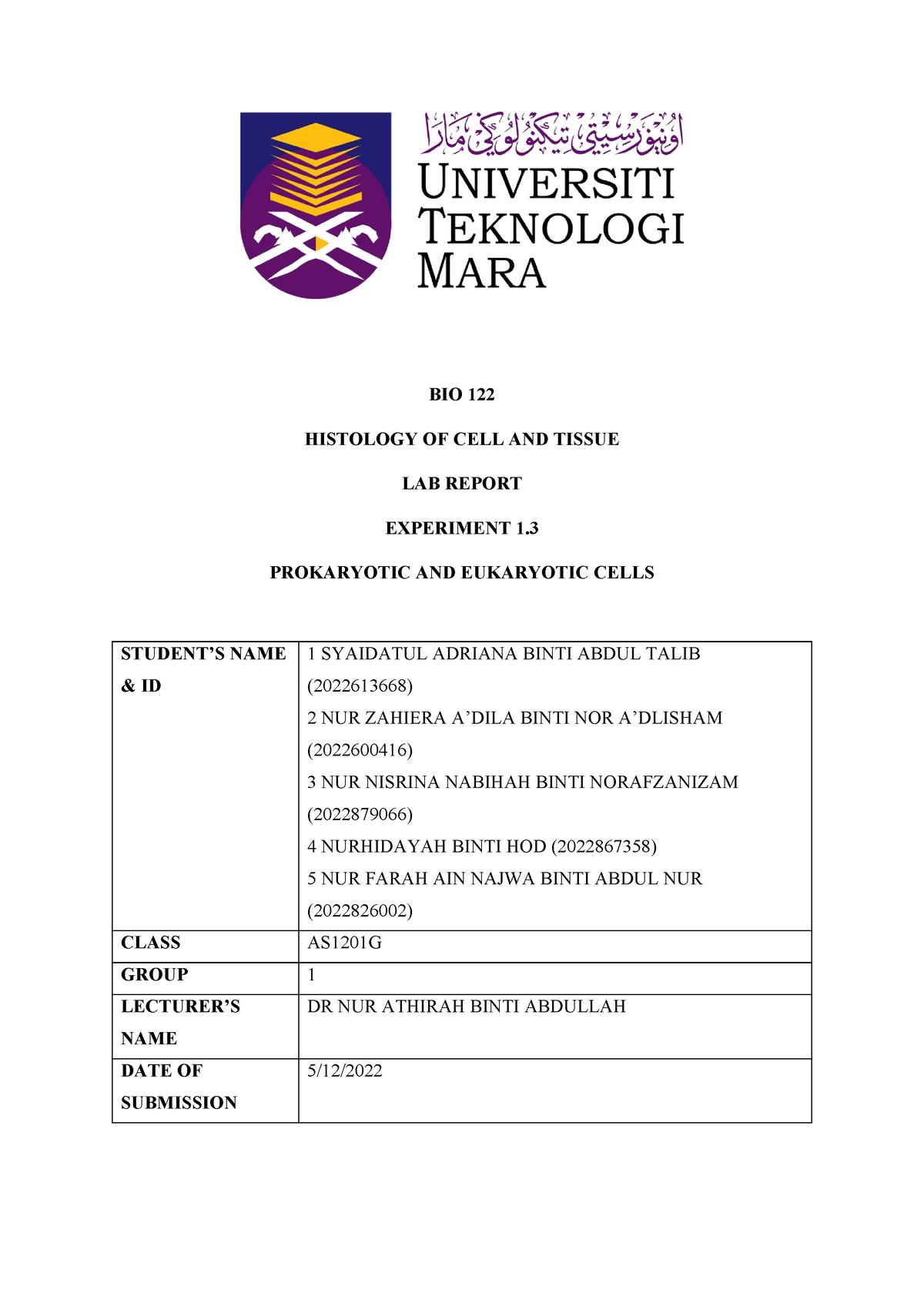 BIO122 LAB Report - BIO 122 HISTOLOGY OF CELL AND TISSUE LAB REPORT ...