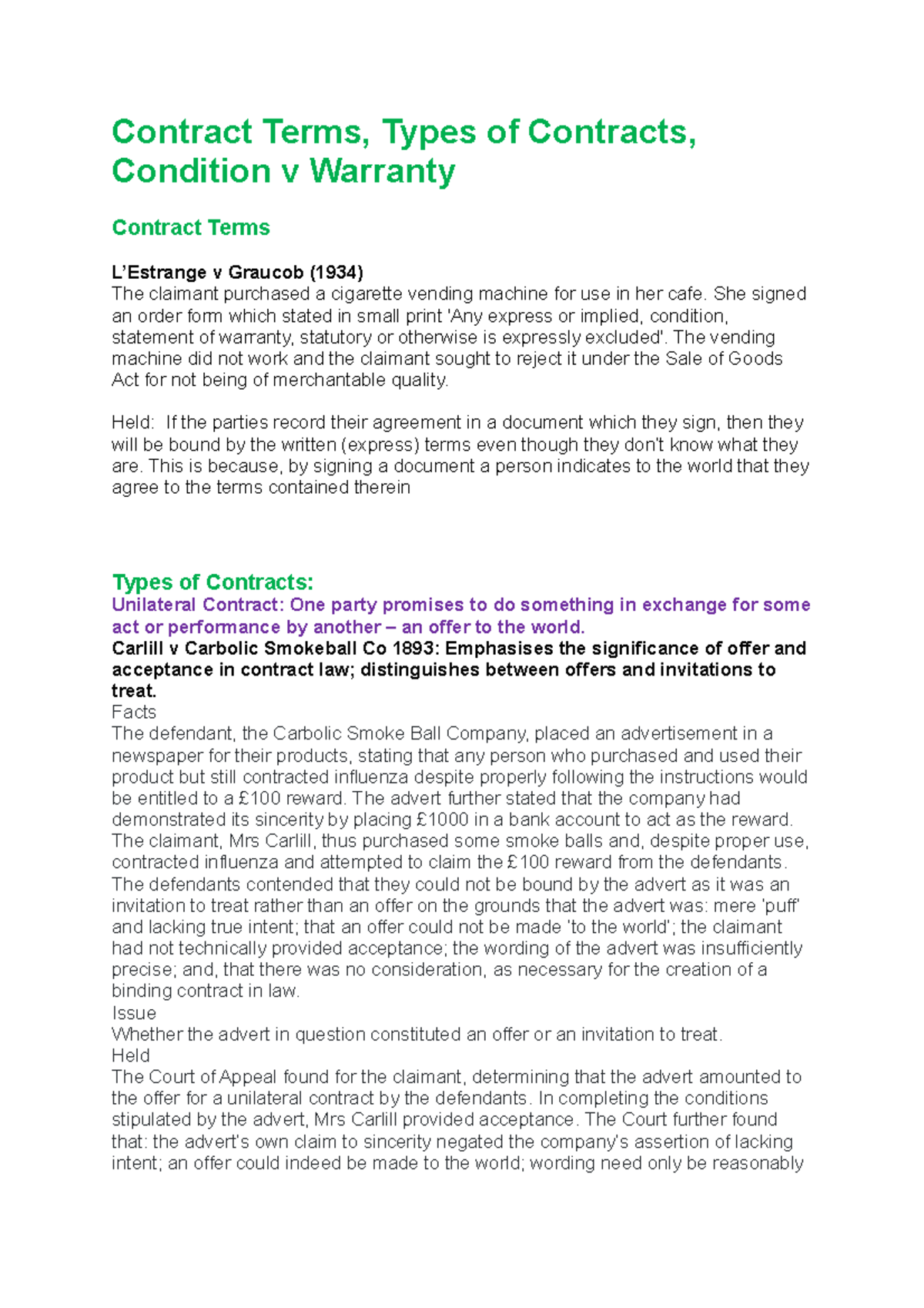 Contract Terms, Types of Contracts, Condition v Warranty Contract