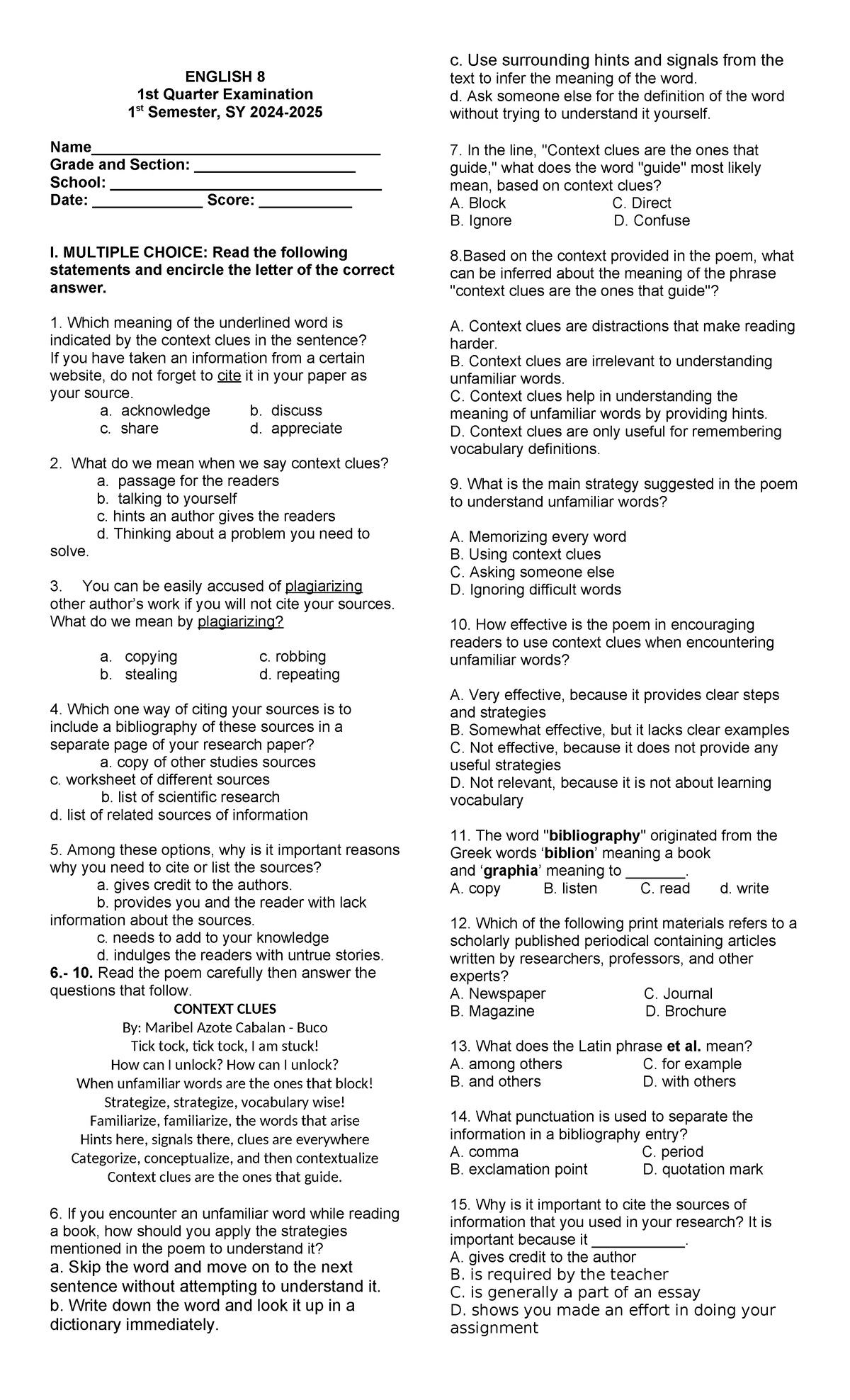 English TEST Summary - ENGLISH 8 1st Quarter Examination 1 st Semester ...