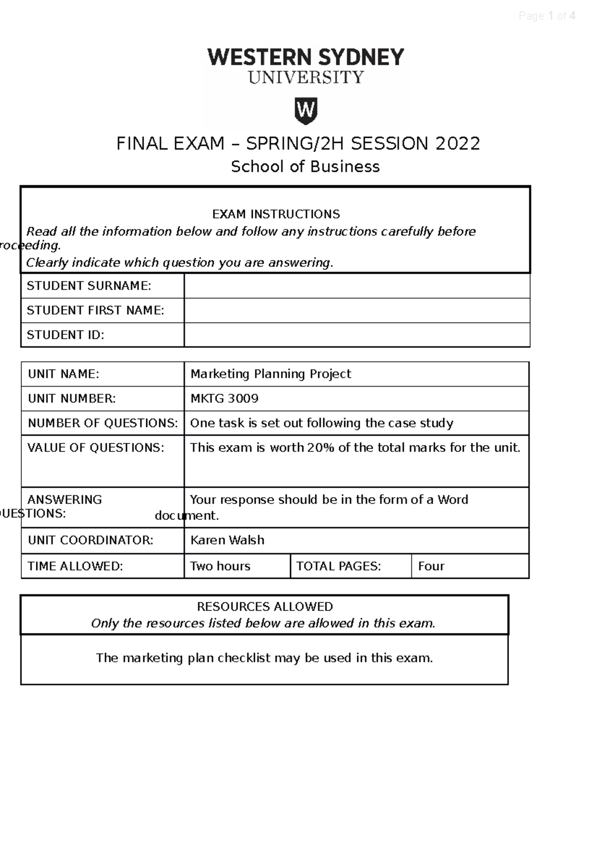 MKTG3009 MPP Spring 2022 Final Exam FINAL EXAM SPRING/2H SESSION
