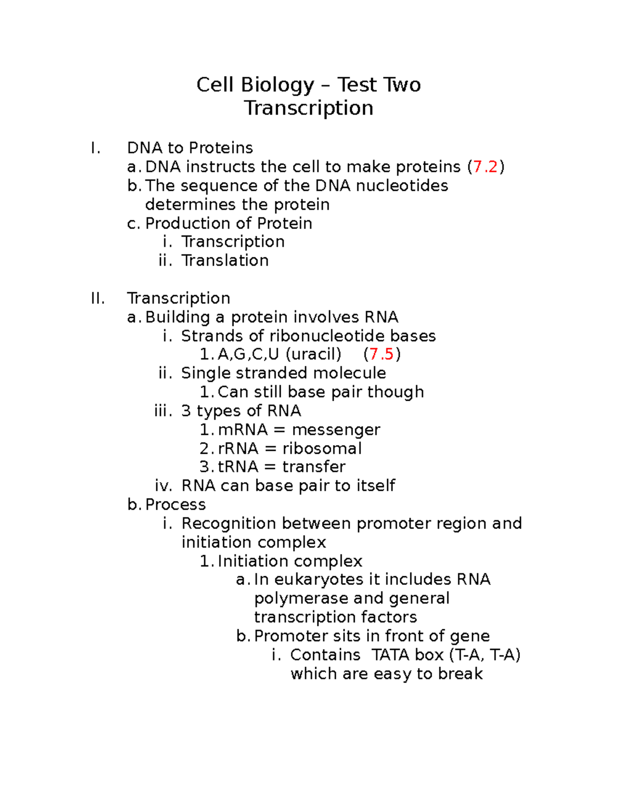 Test 2 Lecture 3 - Cell Biology – Test Two Transcription I. DNA to ...