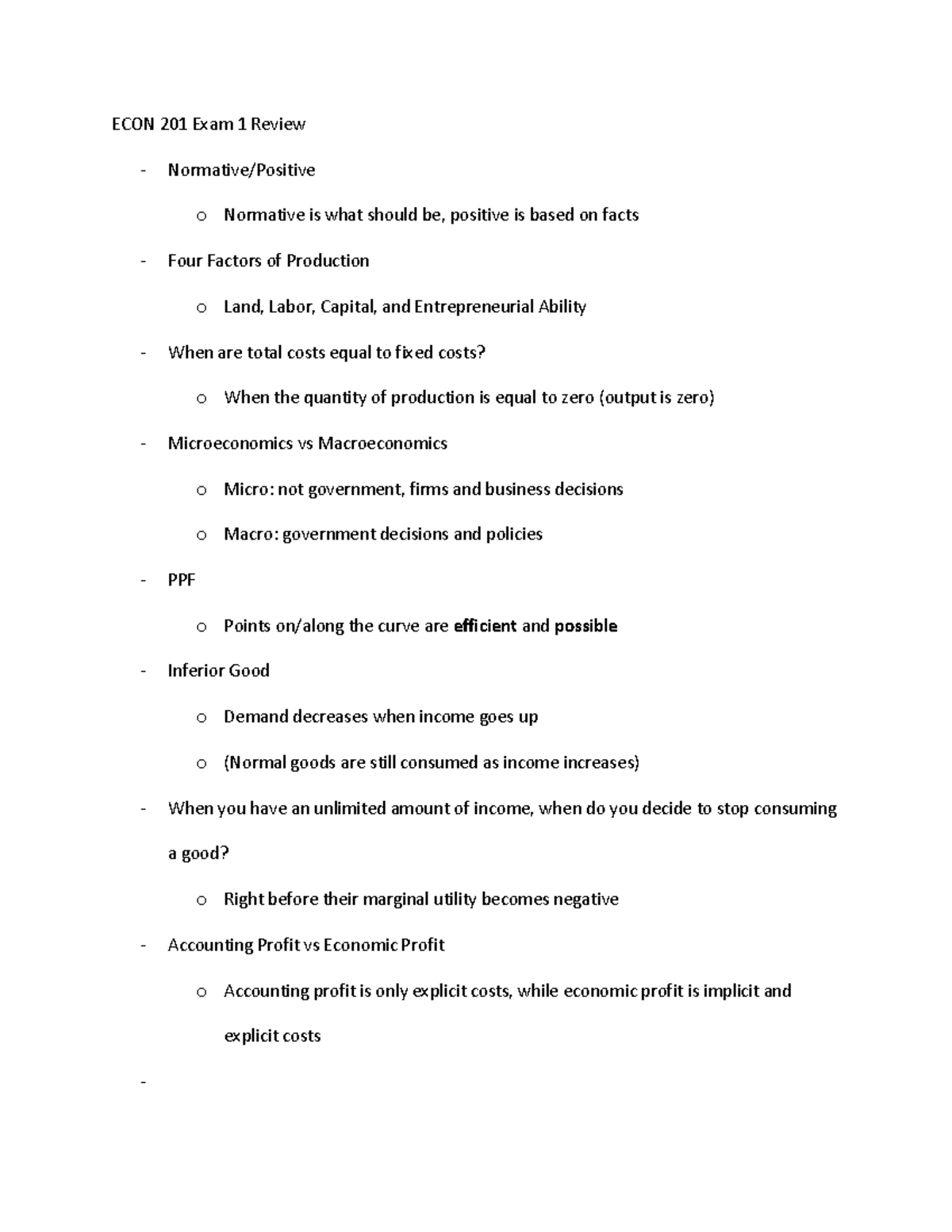 Econ 201 Exam 1 Review - ECON 201 Exam 1 Review - Normative/Positive O ...