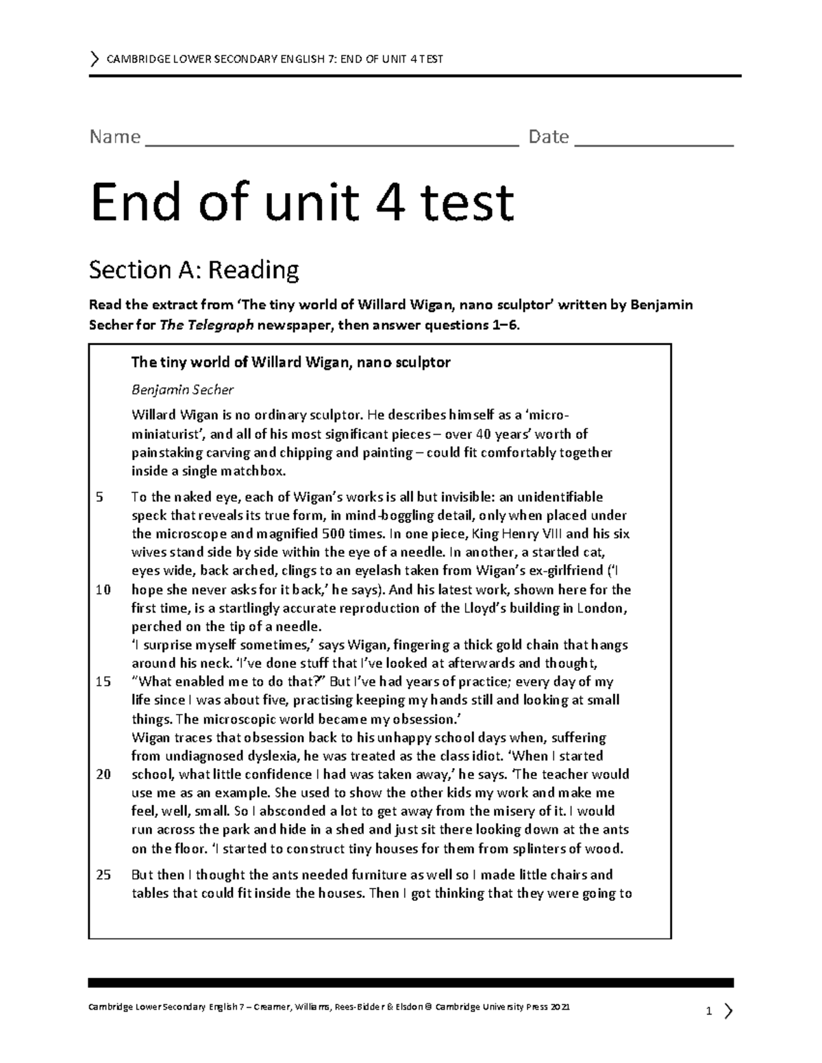 LS English 7 unit 4 test - axxaa - Name Date End of unit 4 test Section ...