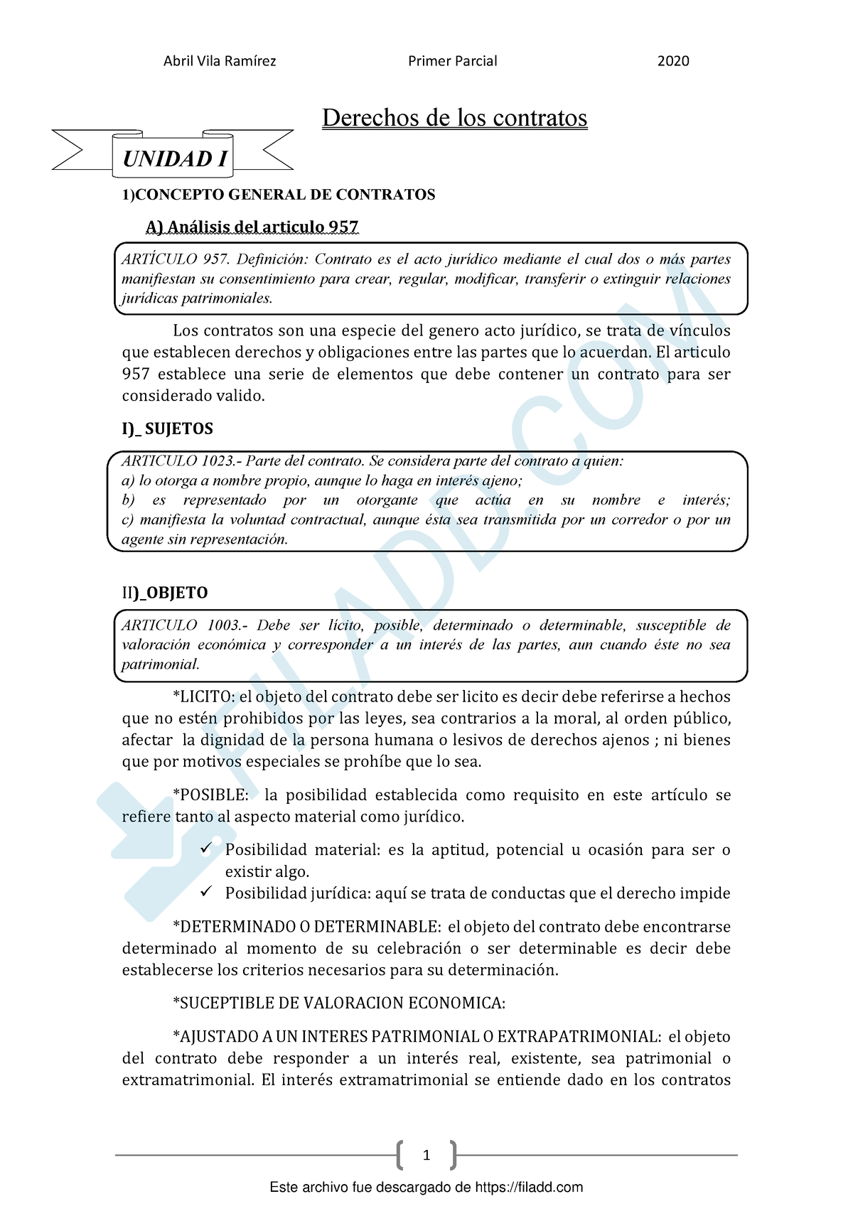 Primer Parcial Contrato - 1 Derechos De Los Contratos UNIDAD I 1 ...