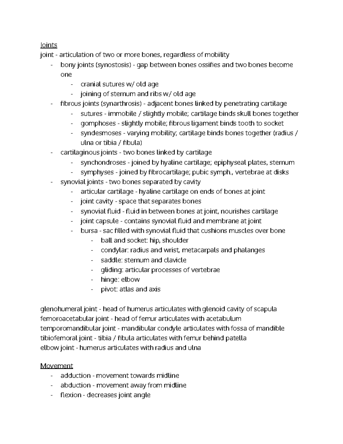 ERAU BIO 305 Joints and Movement [Chapter 9] Notes - Joints joint ...