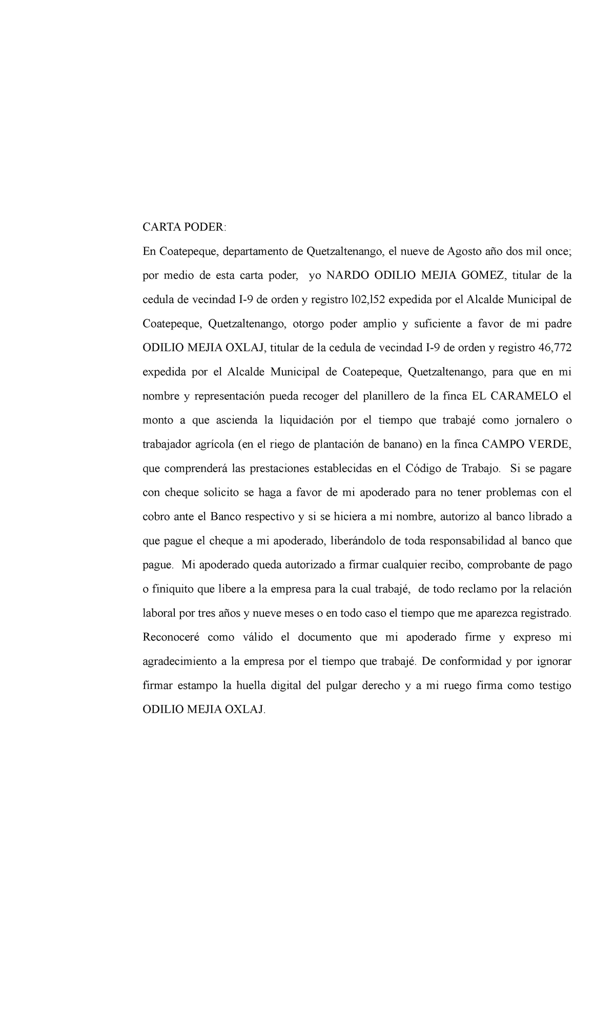 Carta Poder (hijo) sede a Padre al cobro de prestaciones - CARTA PODER: En  Coatepeque, departamento - Studocu