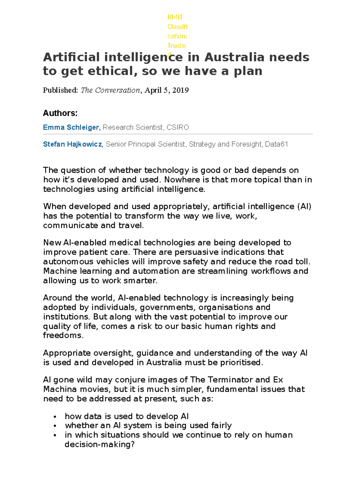 Artificial intelligence ethical framework - Classifi cation: Truste d ...