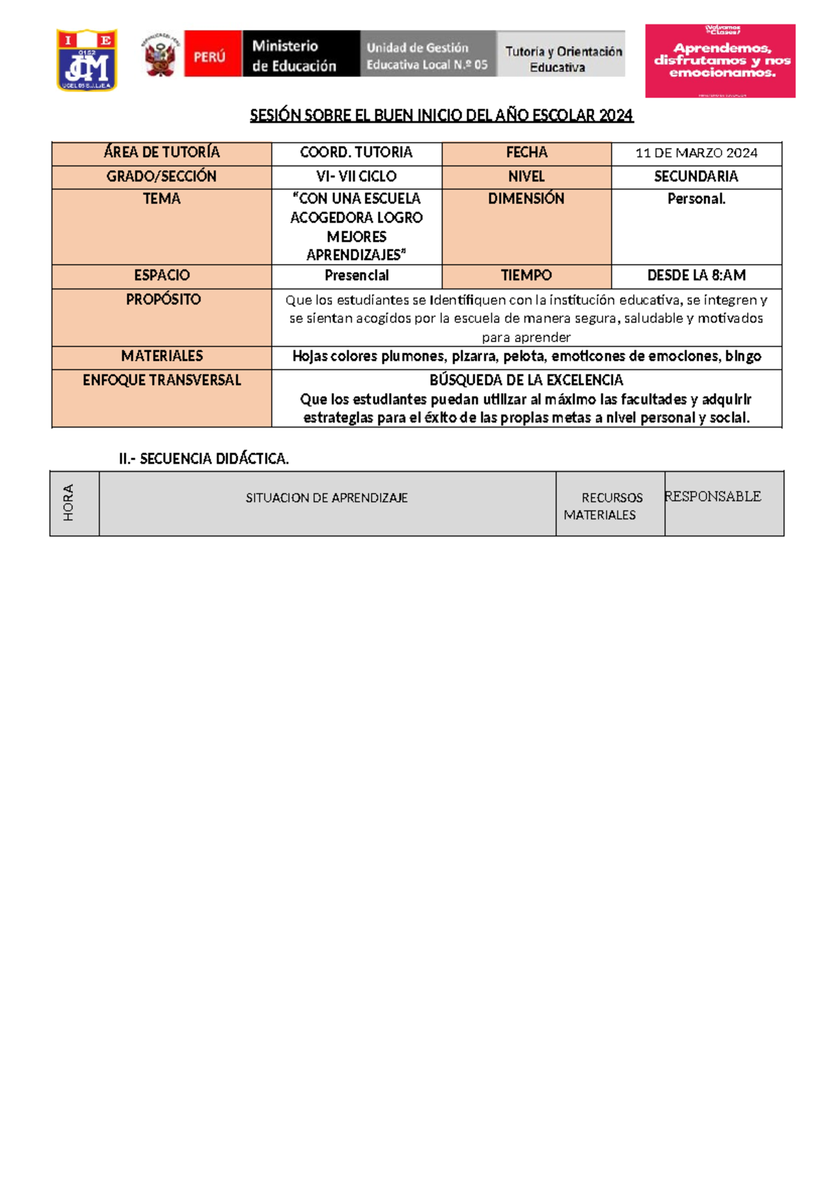 Inicio del año escolar - sesion 2024 - SESIÓN SOBRE EL BUEN INICIO DEL ...