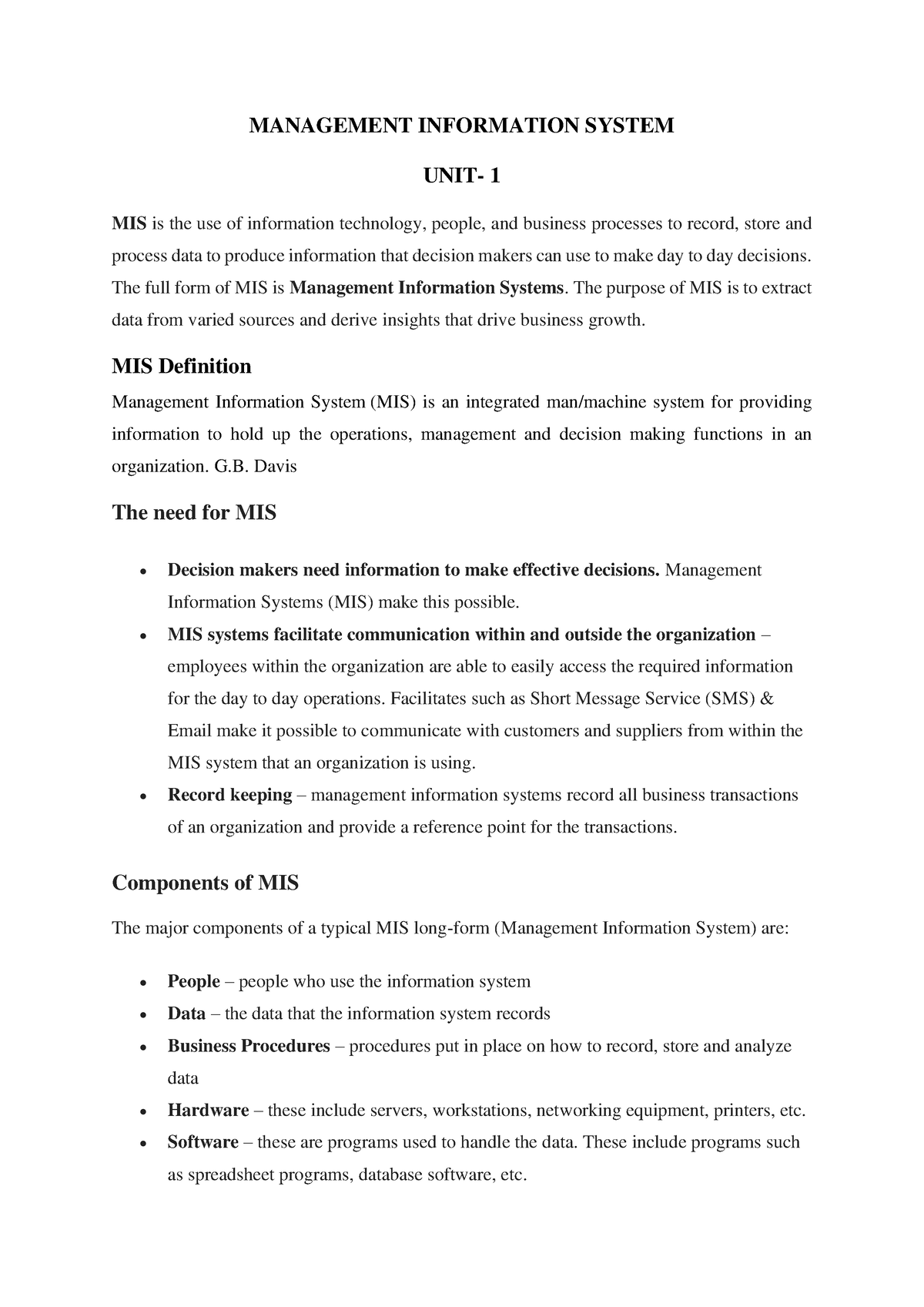 MIS - UNIT - I-1 - Important - MANAGEMENT INFORMATION SYSTEM UNIT- 1 ...