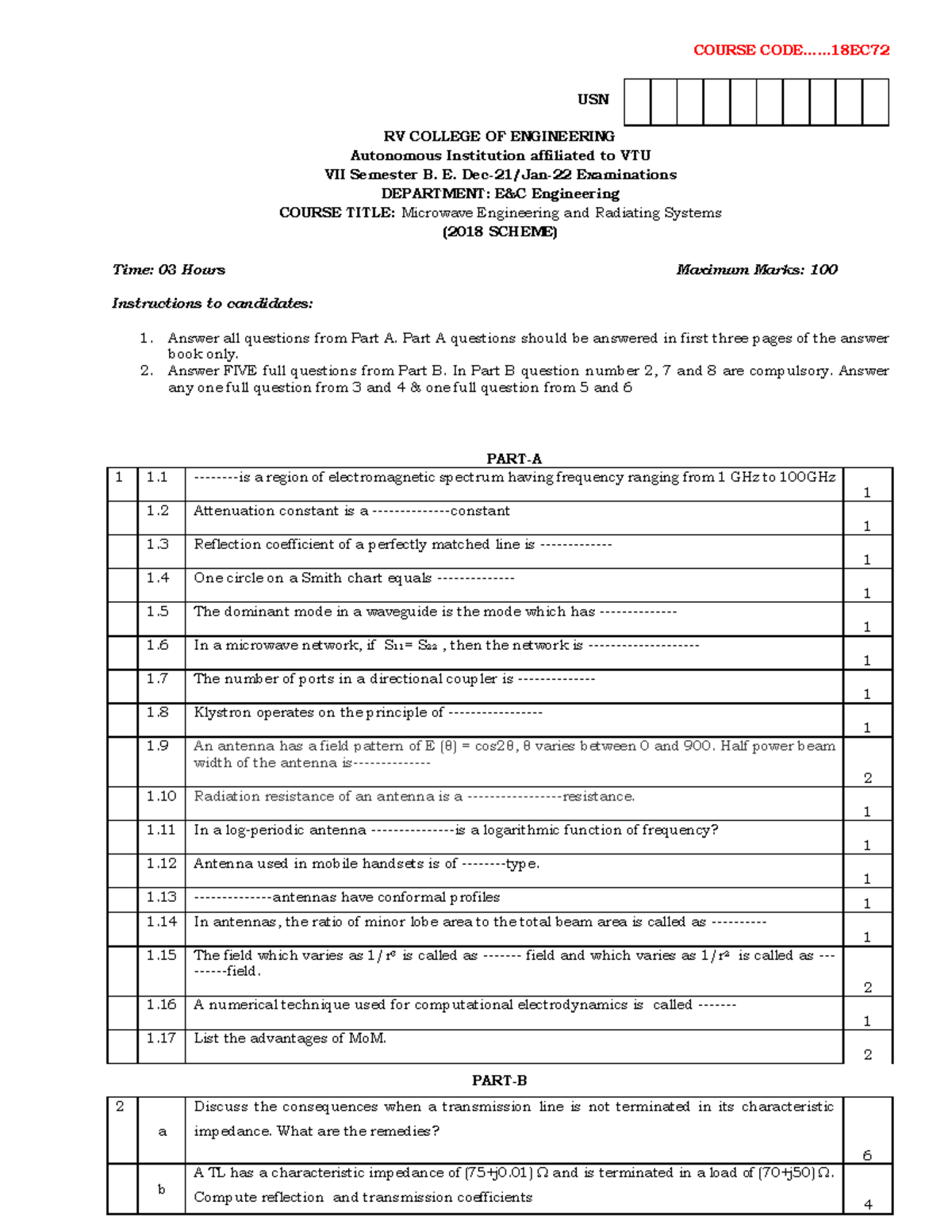 Model QP MWRS 2022 (unsolved) COURSE CODE..... USN RV COLLEGE OF