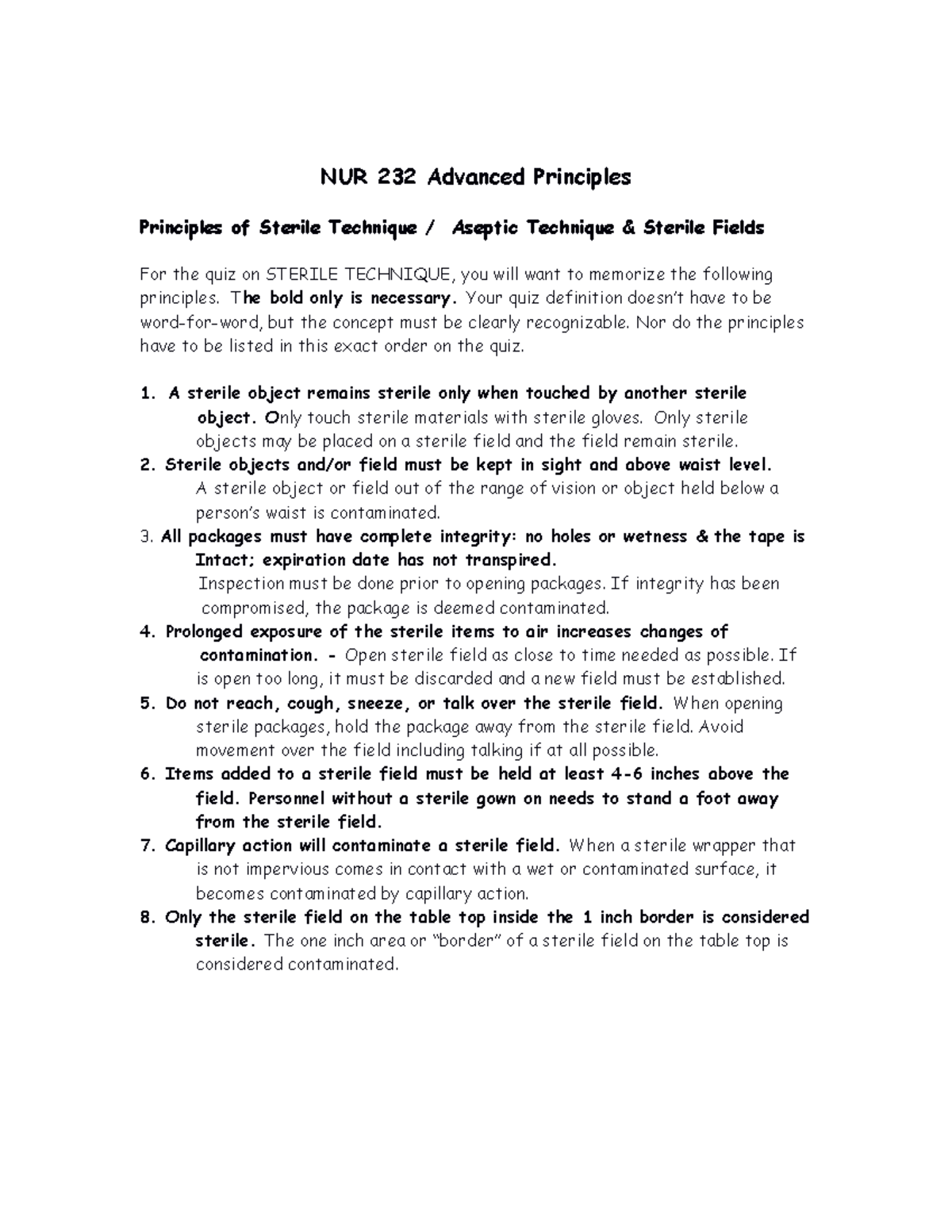 8 Principles of Sterile Field QUIZ INFO NUR 232 Advanced Principles