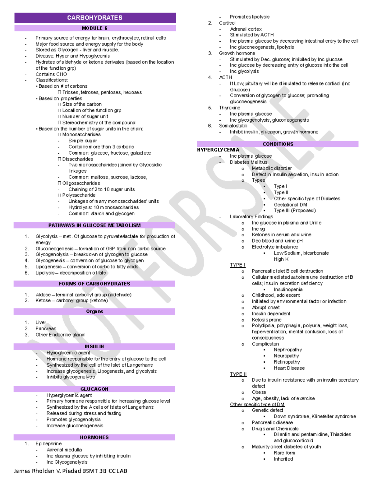 Carbohydrates CC LAB Notes - James Rholdan V. Piedad BSMT 3B CC LAB ...