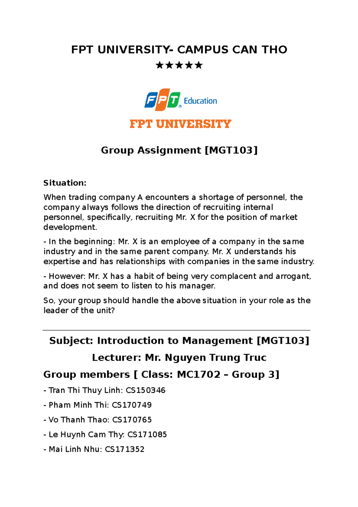 Group 3 MC1702 Group Assignment [ MGT103 ] - FPT UNIVERSITY- CAMPUS CAN ...